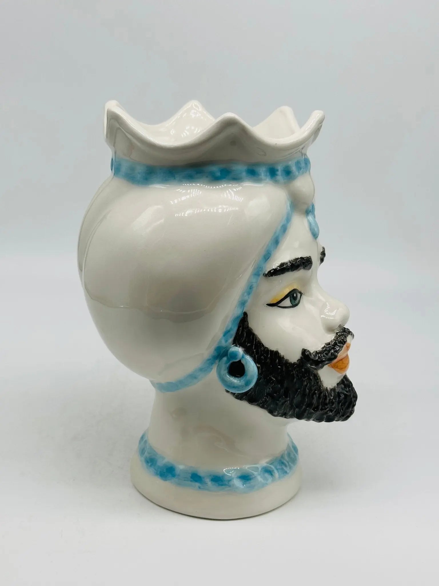 Teste di Moro Luis Ceramica Caltagirone cm H.22 L.15 Artigianale Turbante Liscio Bianco Celeste - TESTA DI MORO