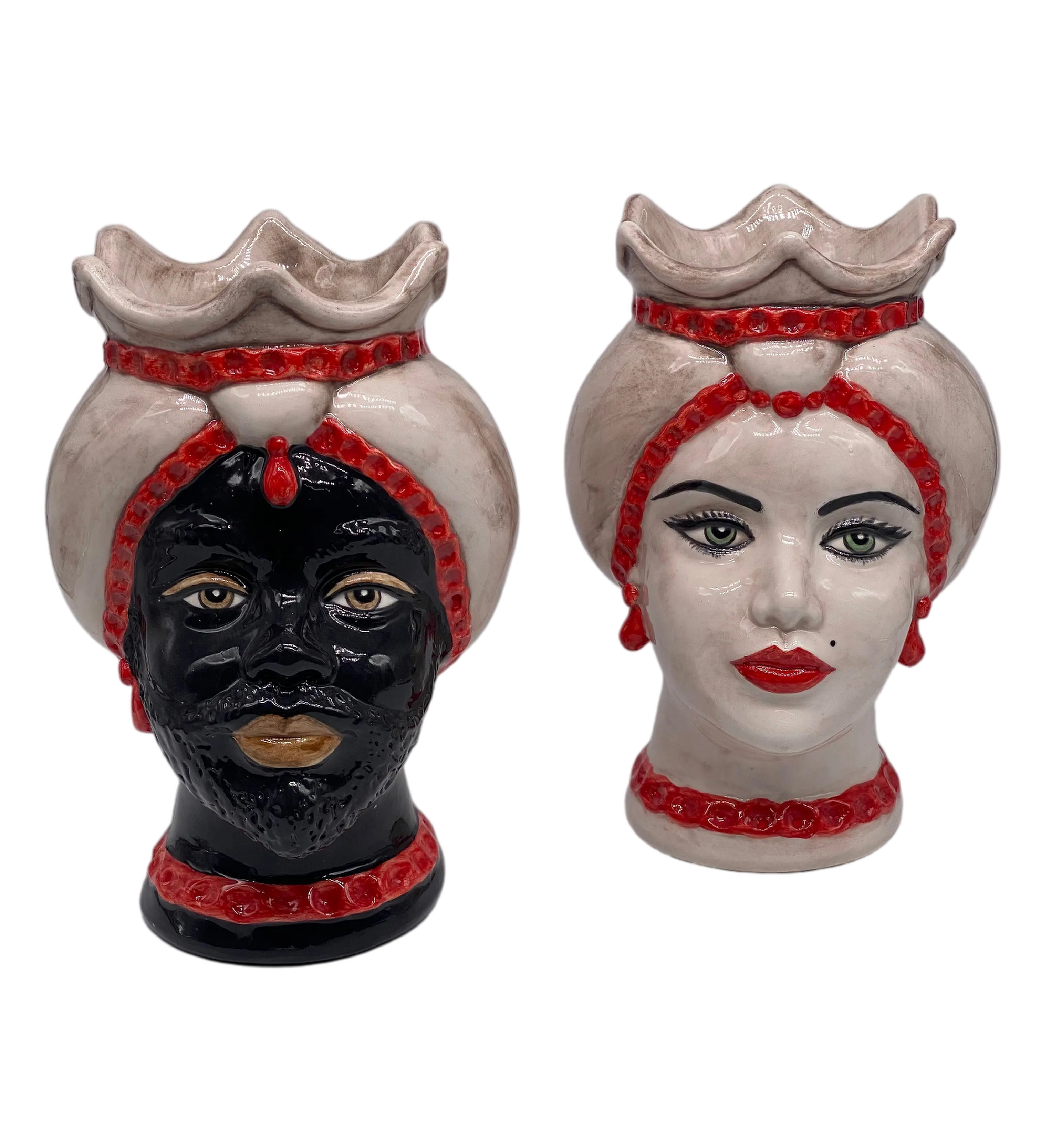 Teste di Moro Luis Ceramica Caltagirone cm H.22 L.15 Artigianale Turbante Liscio Écru Rosso DD CERAMICHE SICILIANE