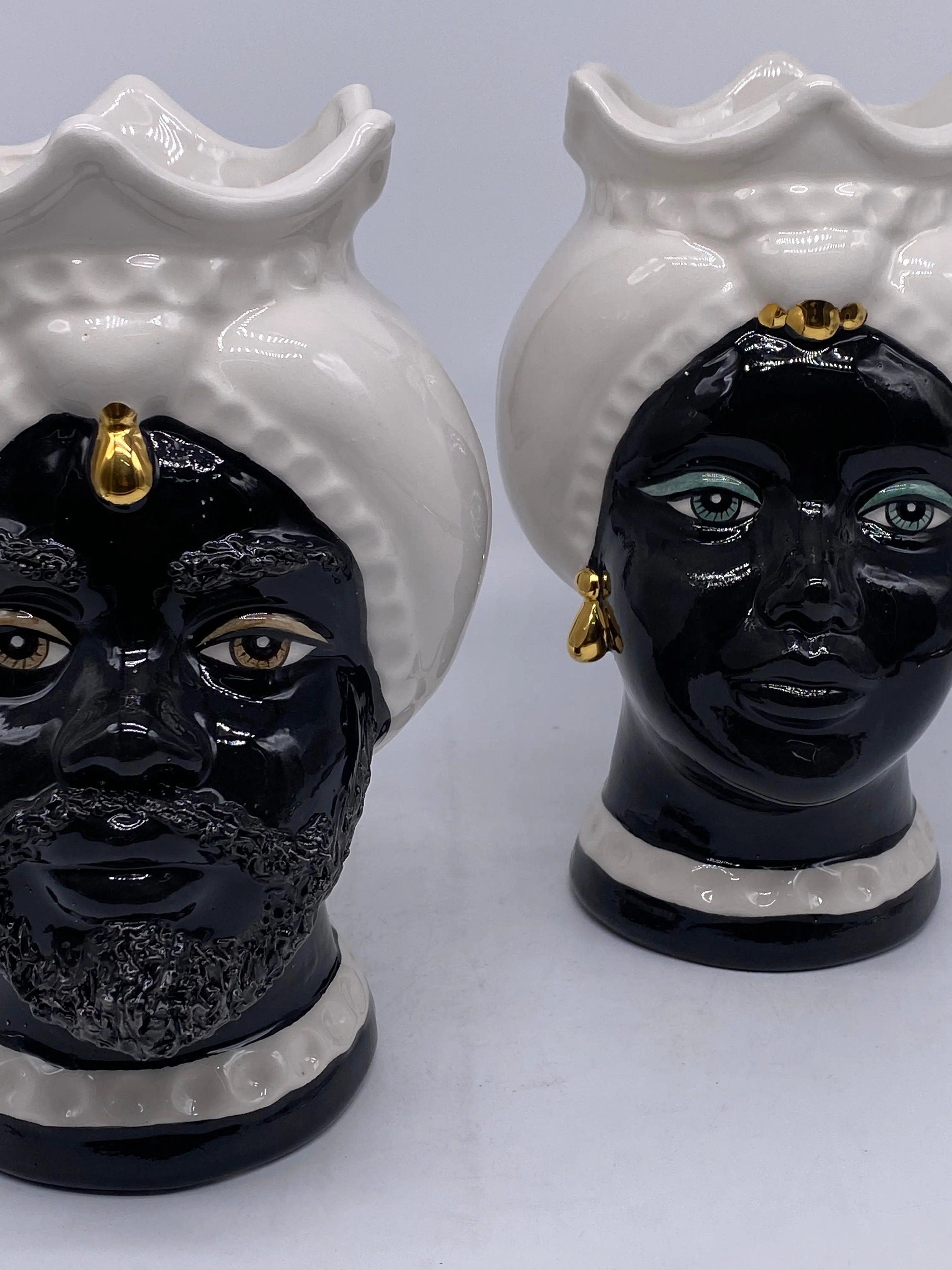 Teste di Moro Luis Ceramica Caltagirone cm H.22 L.15 Artigianale Turbante Liscio Bianco Nero Oro DD CERAMICHE SICILIANE