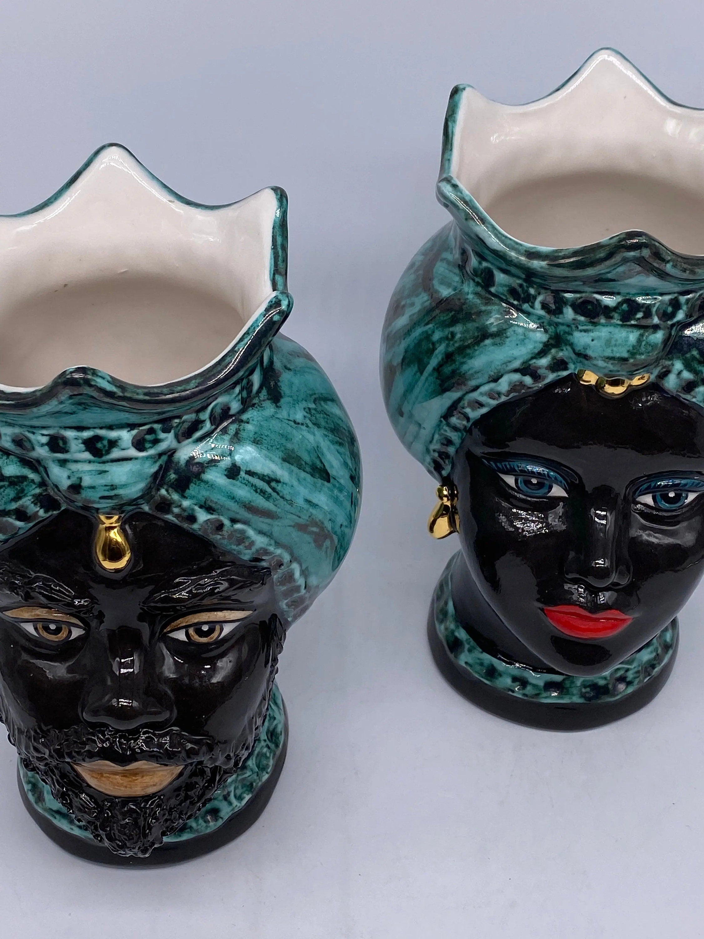 Teste di Moro Luis Ceramica Caltagirone cm H.22 L.15 Artigianale Turbante Liscio Verde Nero Oro DD CERAMICHE SICILIANE