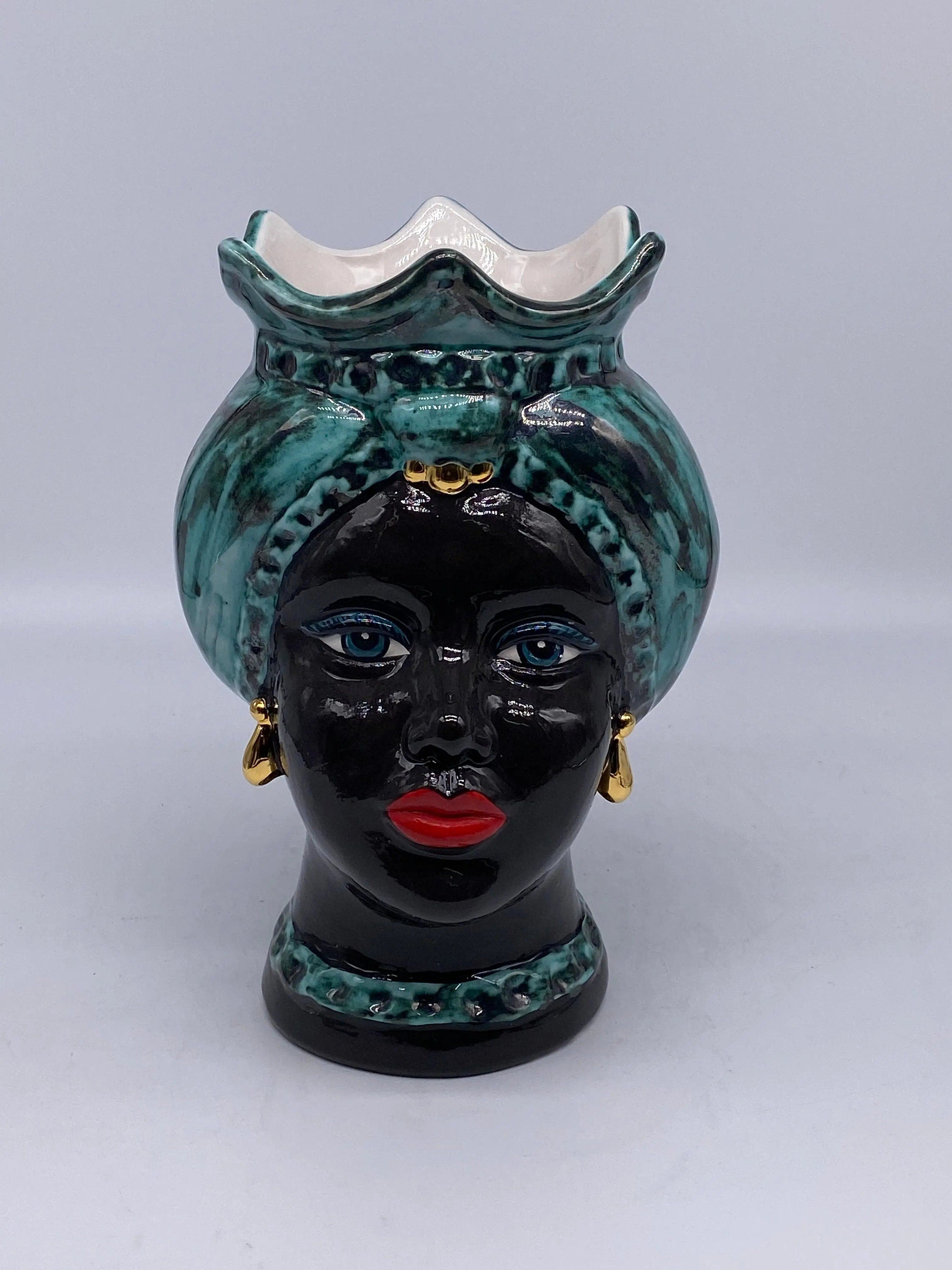 Teste di Moro Luis Ceramica Caltagirone cm H.22 L.15 Artigianale Turbante Liscio Verde Nero Oro DD CERAMICHE SICILIANE