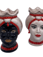 Teste di Moro Luis Ceramica Caltagirone cm H.22 L.15 Artigianale Turbante Liscio Écru Rosso DD CERAMICHE SICILIANE