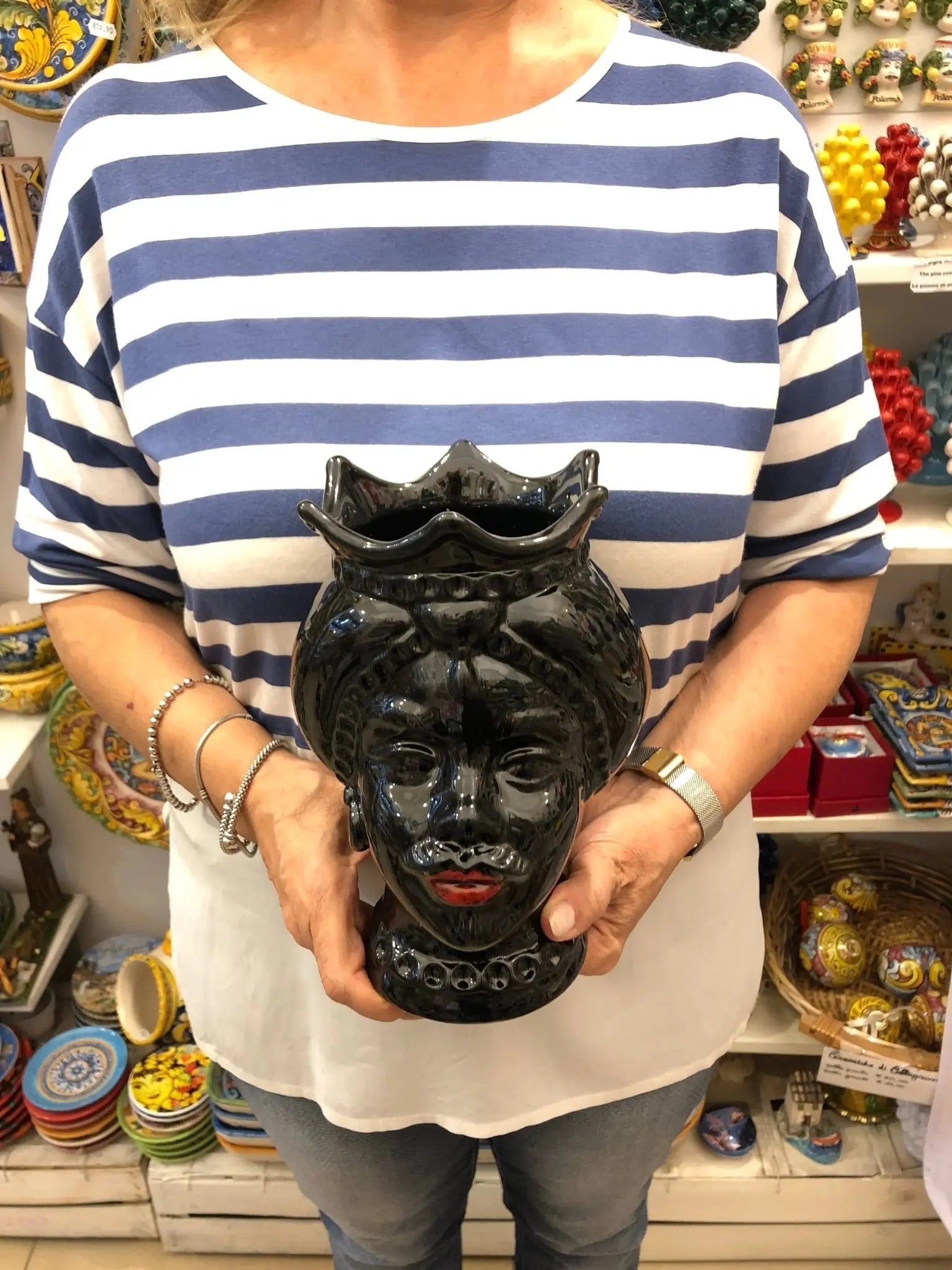 Teste di Moro Luis Ceramica Caltagirone cm H.22 L.15 Artigianale Turbante Liscio Nero Lucido - DD CERAMICHE SICILIANE