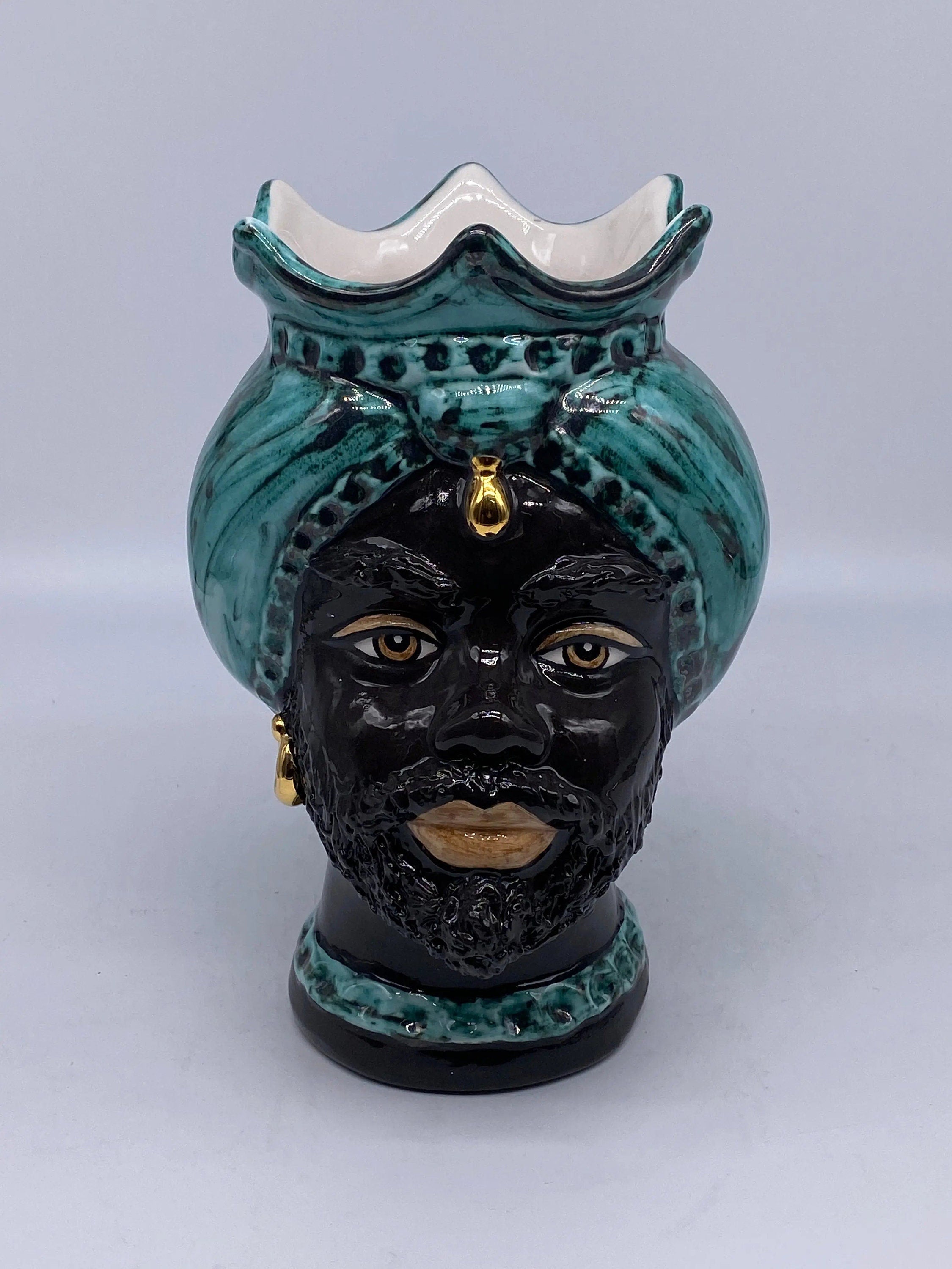 Teste di Moro Luis Ceramica Caltagirone cm H.22 L.15 Artigianale Turbante Liscio Verde Nero Oro DD CERAMICHE SICILIANE