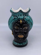Teste di Moro Luis Ceramica Caltagirone cm H.22 L.15 Artigianale Turbante Liscio Verde Nero Oro DD CERAMICHE SICILIANE