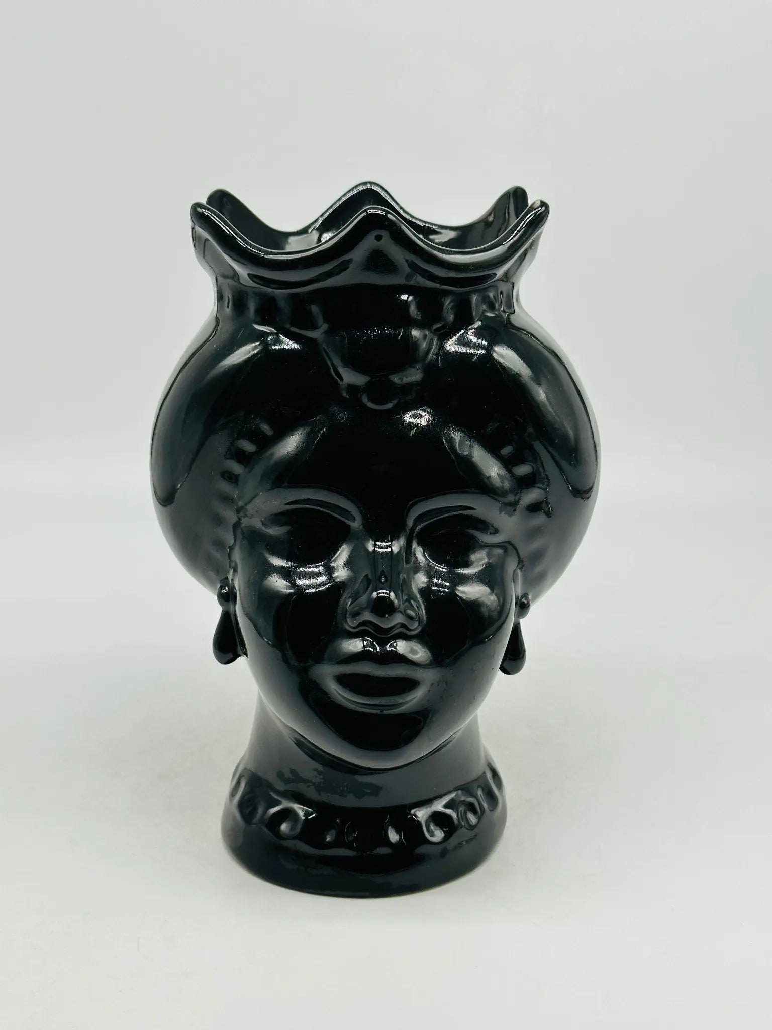 Teste di Moro Luis Ceramica Caltagirone cm H.22 L.15 Artigianale Turbante Nero Lucido - Donna - TESTA DI MORO