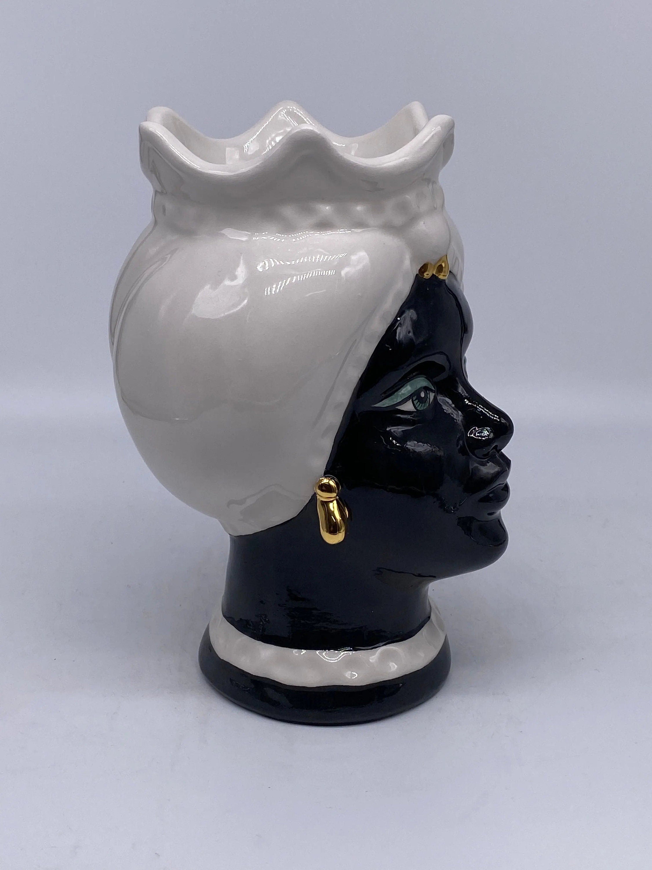 Teste di Moro Luis Ceramica Caltagirone cm H.22 L.15 Artigianale Turbante Liscio Bianco Nero Oro DD CERAMICHE SICILIANE