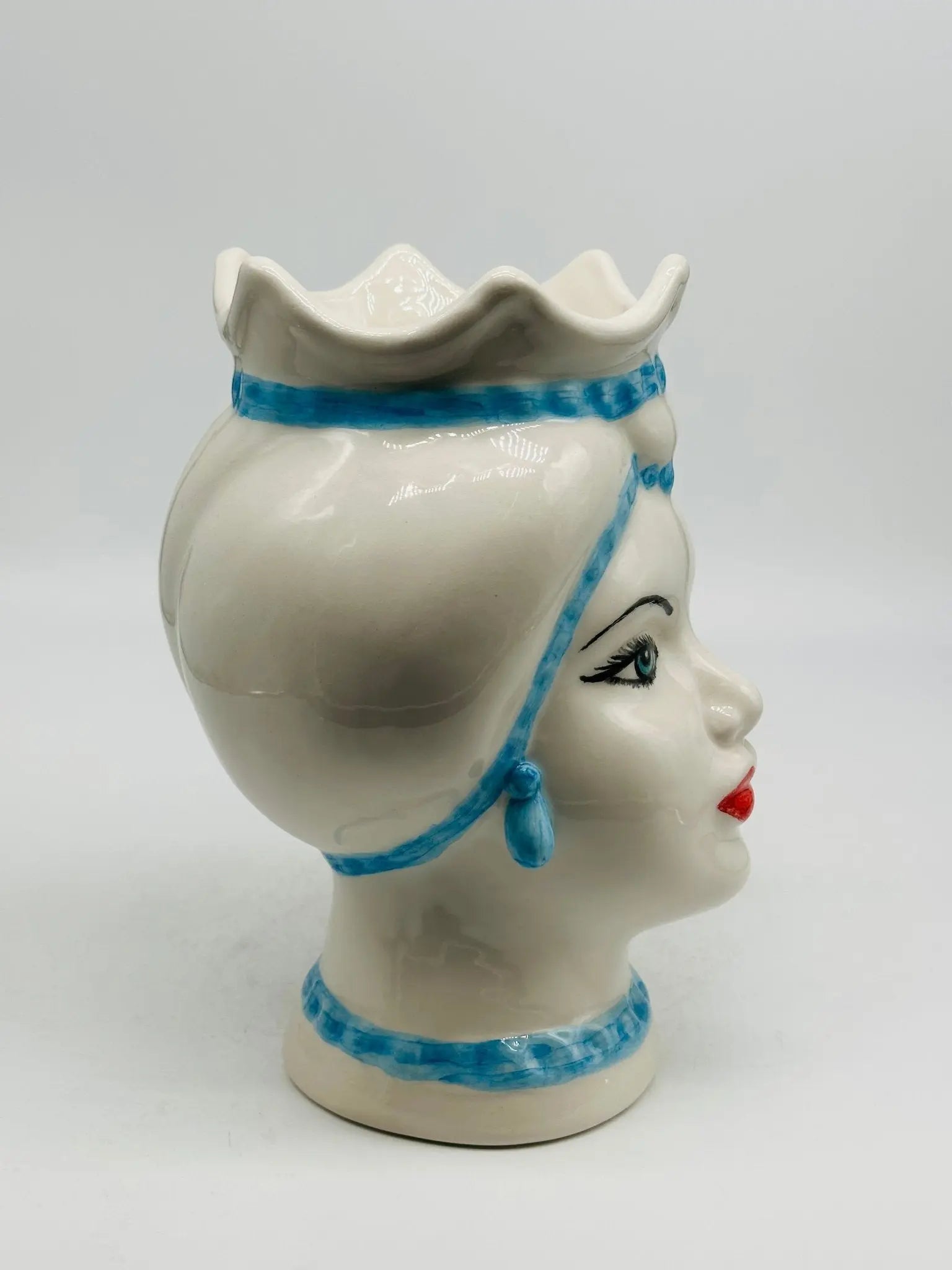 Teste di Moro Luis Ceramica Caltagirone cm H.22 L.15 Artigianale Turbante Liscio Bianco Celeste - TESTA DI MORO