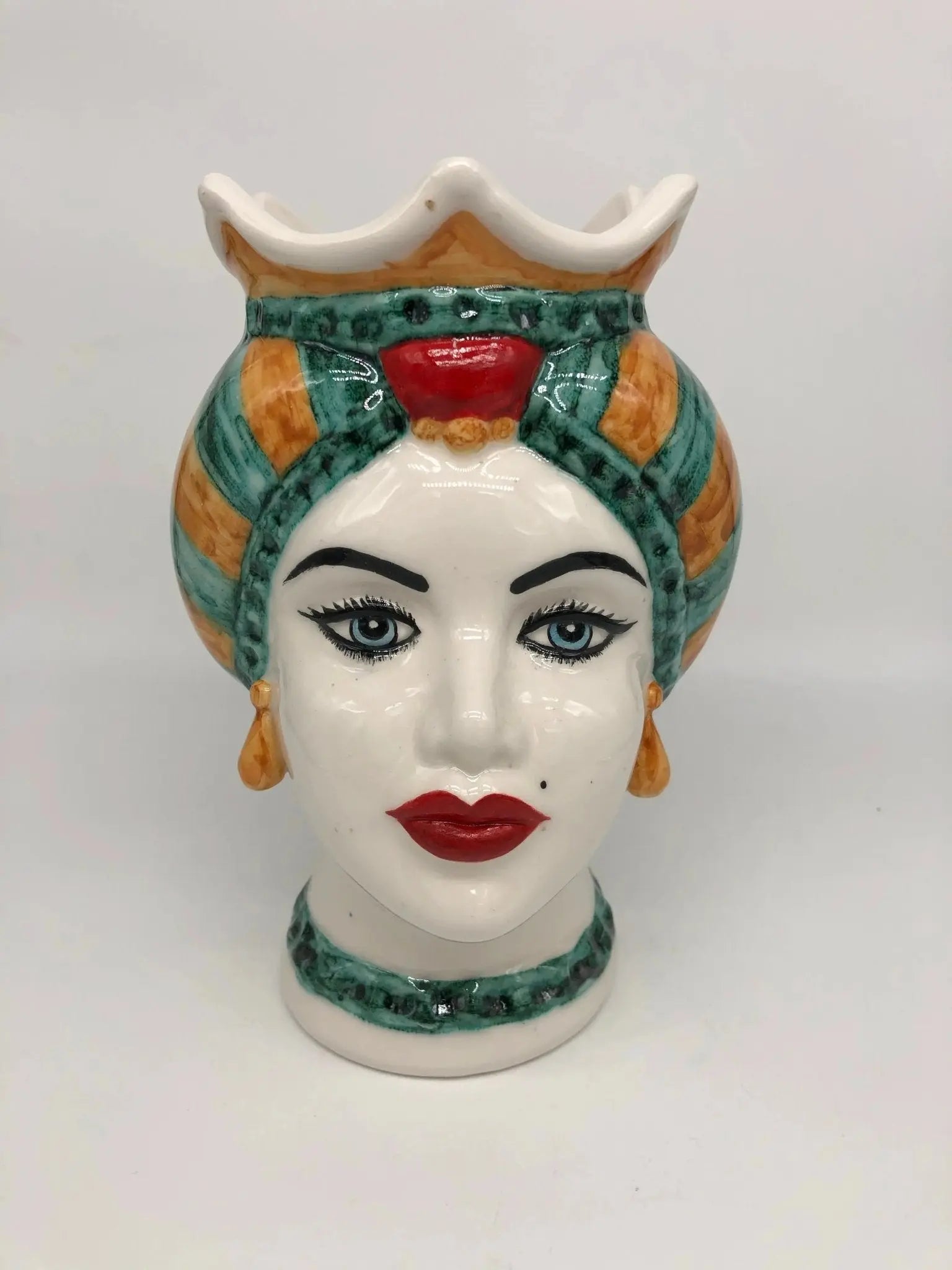 Teste di Moro Luis Ceramica Caltagirone cm H.22 L.15 Artigianale Turbante Liscio Verde Ocra Rosso - DD CERAMICHE SICILIANE