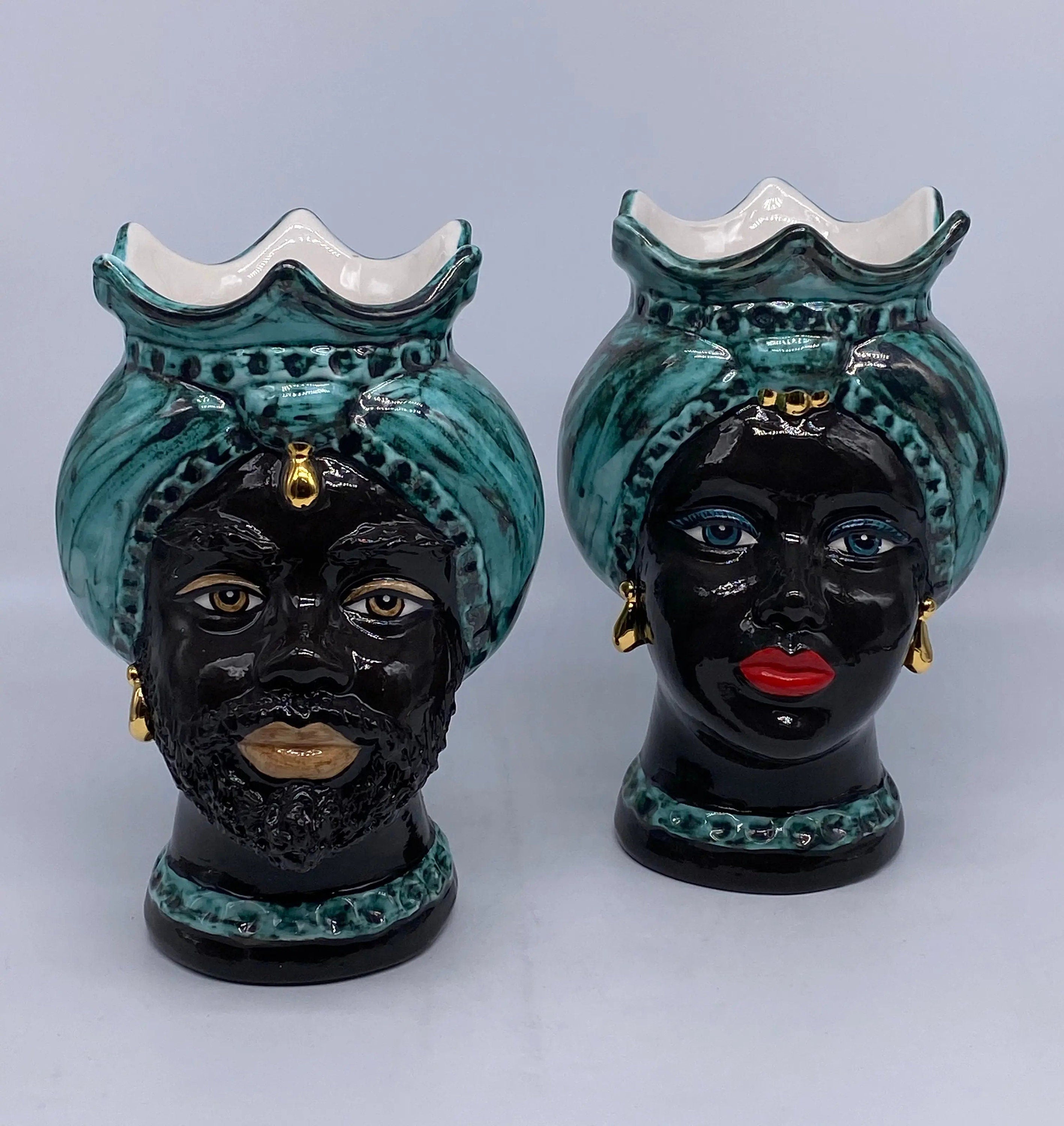 Teste di Moro Luis Ceramica Caltagirone cm H.22 L.15 Artigianale Turbante Liscio Verde Nero Oro DD CERAMICHE SICILIANE
