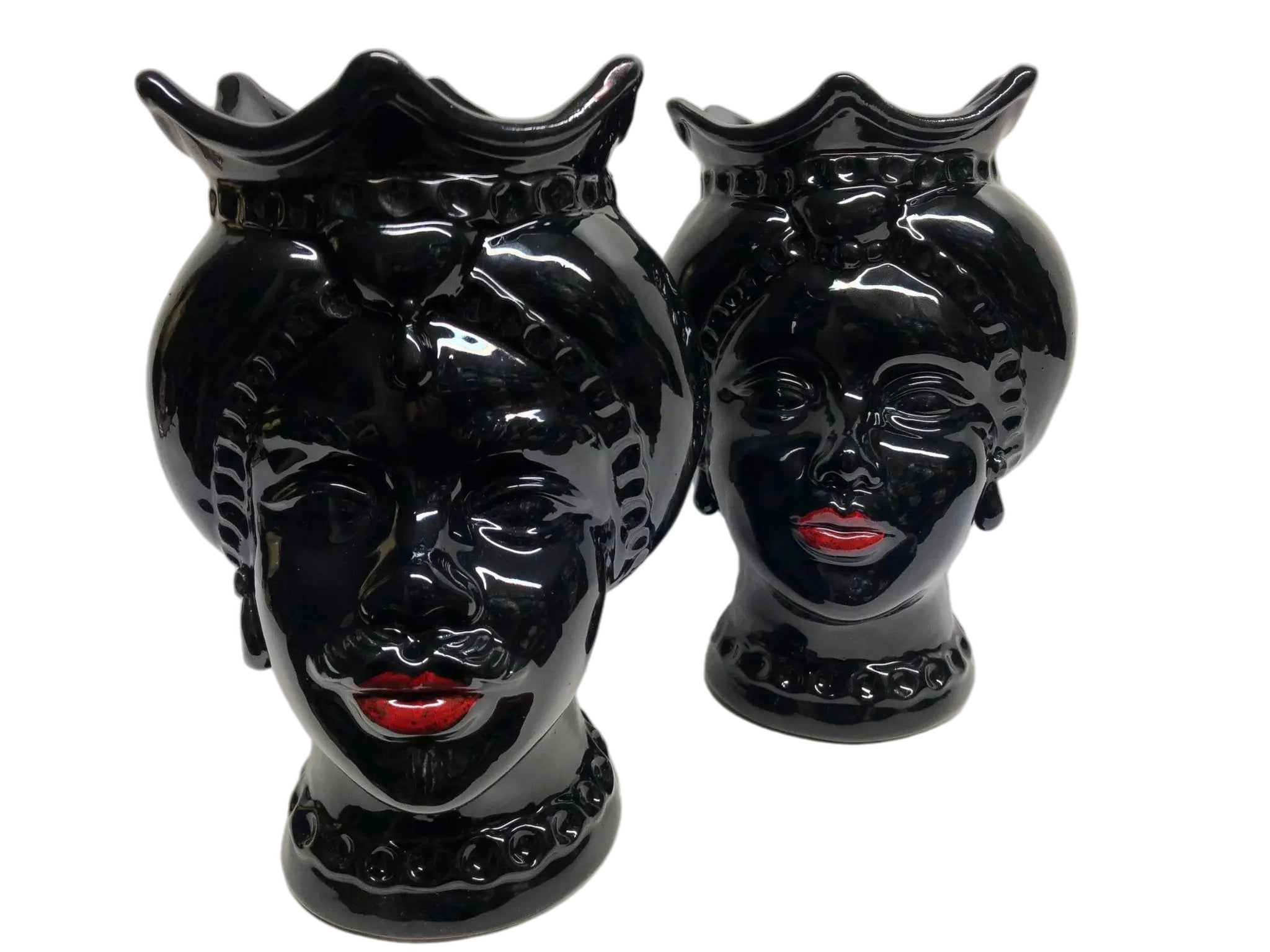 Teste di Moro Luis Ceramica Caltagirone cm H.22 L.15 Artigianale Turbante Liscio Nero Lucido - DD CERAMICHE SICILIANE