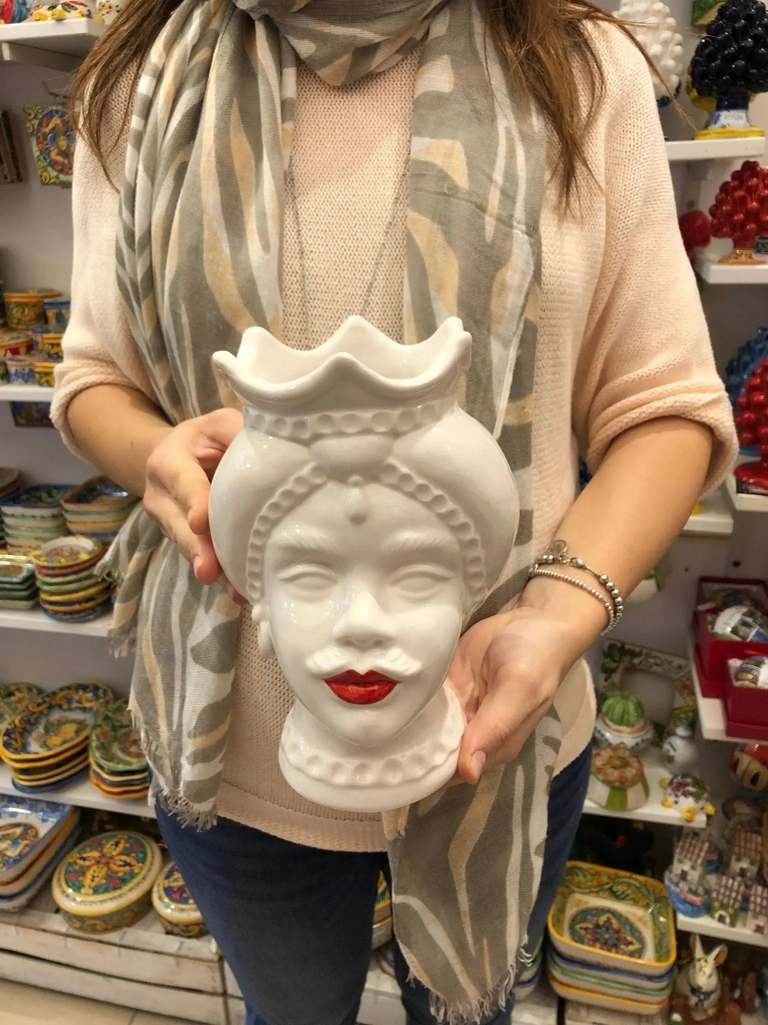 Teste di Moro Luis Ceramica Caltagirone cm H.22 L.15 Artigianale Turbante Liscio Bianco Rosso - DD CERAMICHE SICILIANE