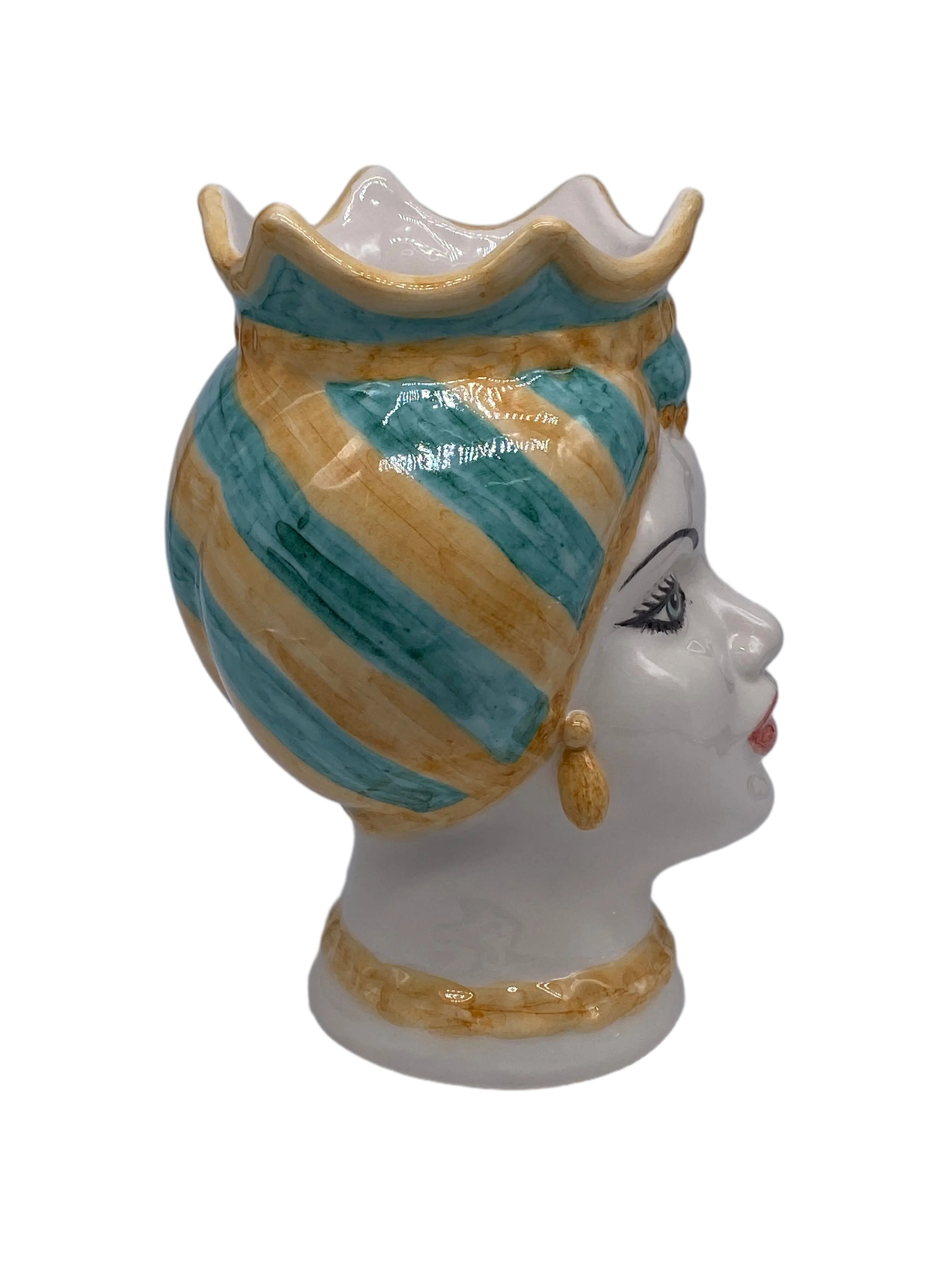 Teste di Moro Luis Ceramica Caltagirone cm H.22 L.15 Artigianale Turbante Liscio Ocra Verde DD CERAMICHE SICILIANE