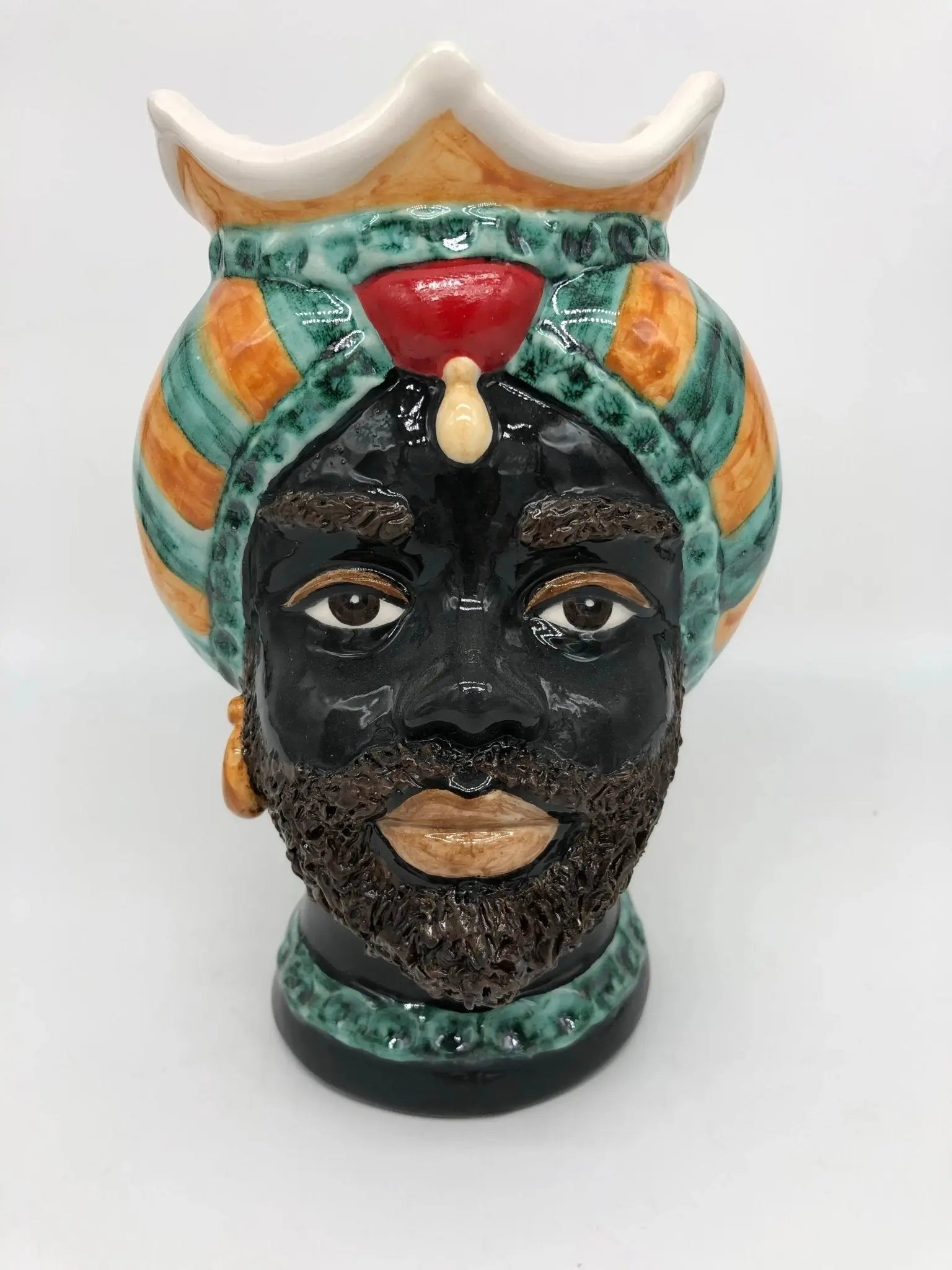 Teste di Moro Luis Ceramica Caltagirone cm H.22 L.15 Artigianale Turbante Liscio Verde Ocra Rosso - DD CERAMICHE SICILIANE