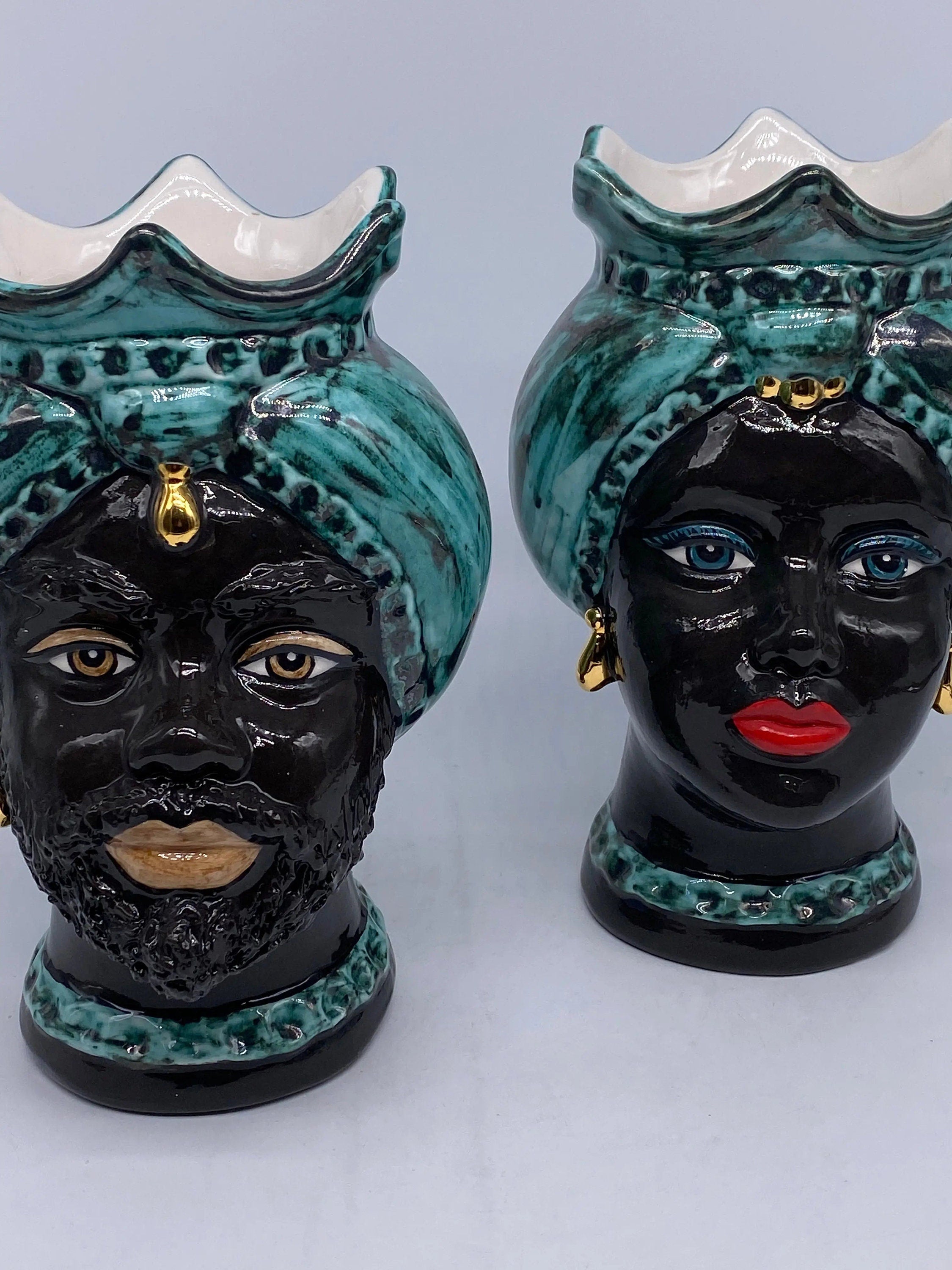 Teste di Moro Luis Ceramica Caltagirone cm H.22 L.15 Artigianale Turbante Liscio Verde Nero Oro DD CERAMICHE SICILIANE