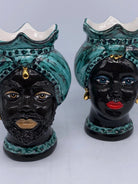 Teste di Moro Luis Ceramica Caltagirone cm H.22 L.15 Artigianale Turbante Liscio Verde Nero Oro DD CERAMICHE SICILIANE