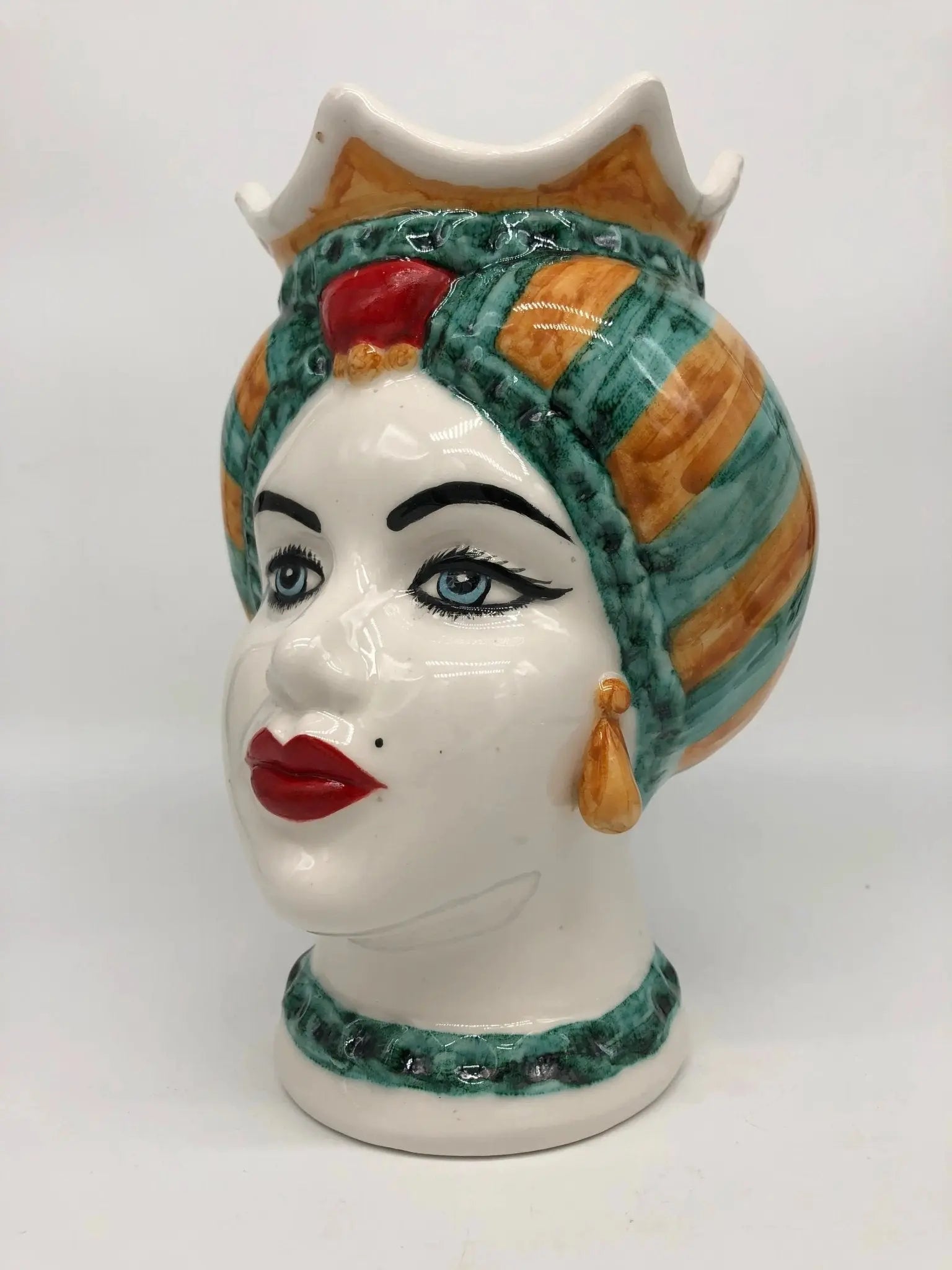 Teste di Moro Luis Ceramica Caltagirone cm H.22 L.15 Artigianale Turbante Liscio Verde Ocra Rosso - DD CERAMICHE SICILIANE