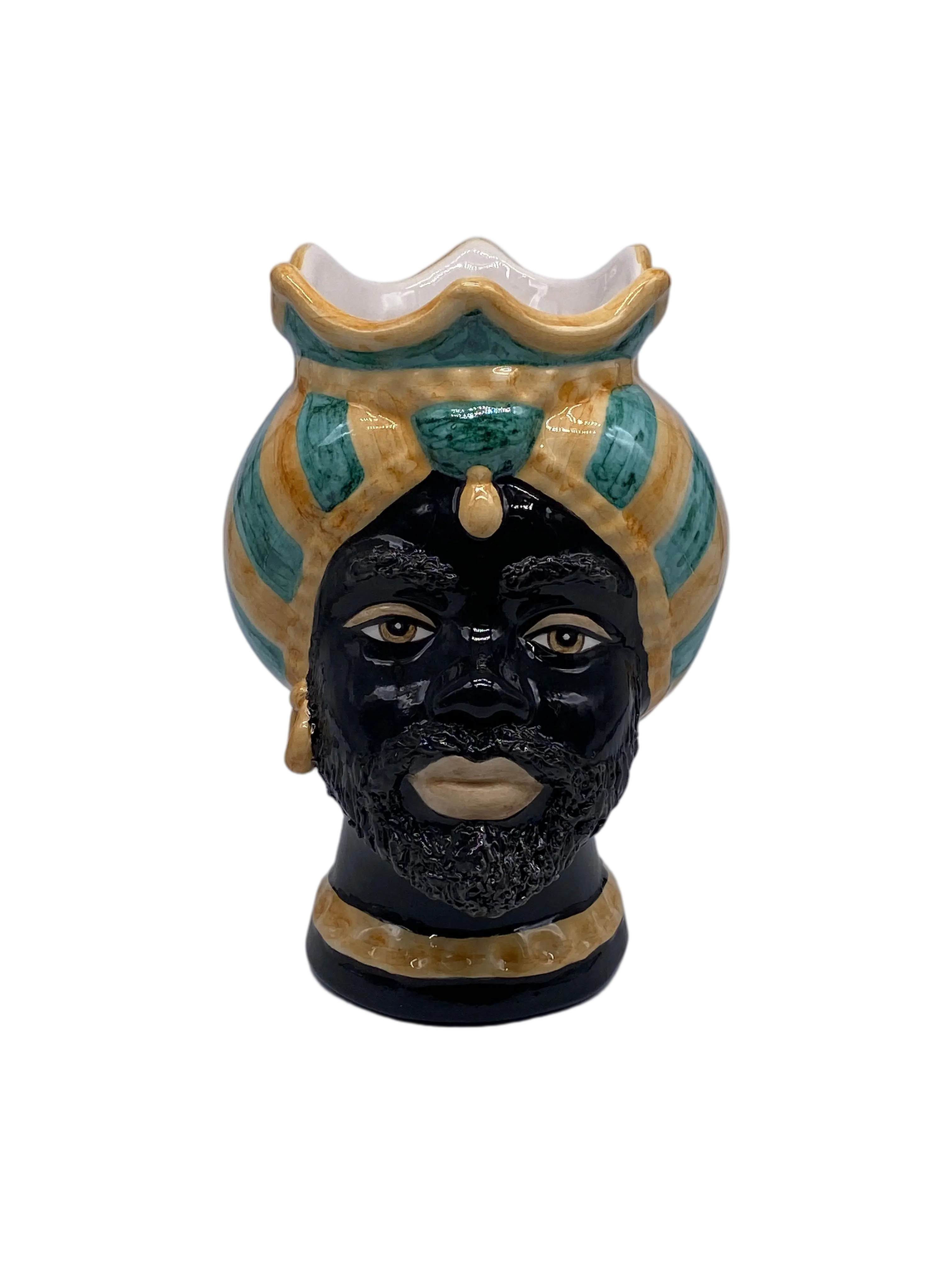 Teste di Moro Luis Ceramica Caltagirone cm H.22 L.15 Artigianale Turbante Liscio Ocra Verde DD CERAMICHE SICILIANE