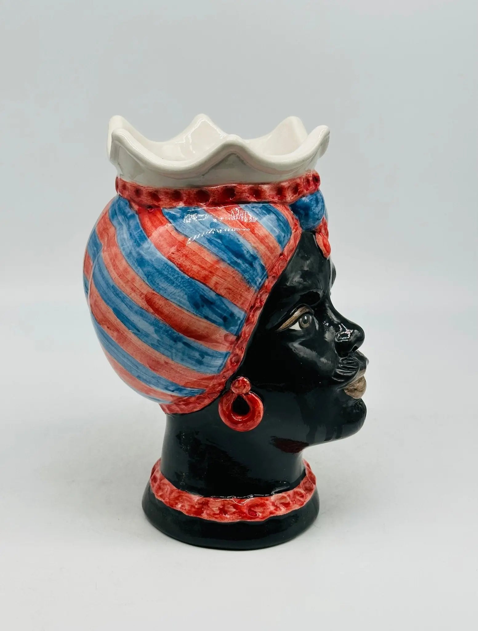 Teste di Moro Luis Ceramica Caltagirone cm H.22 L.15 Artigianale Turbante Striscie Rosso Blu - TESTA DI MORO