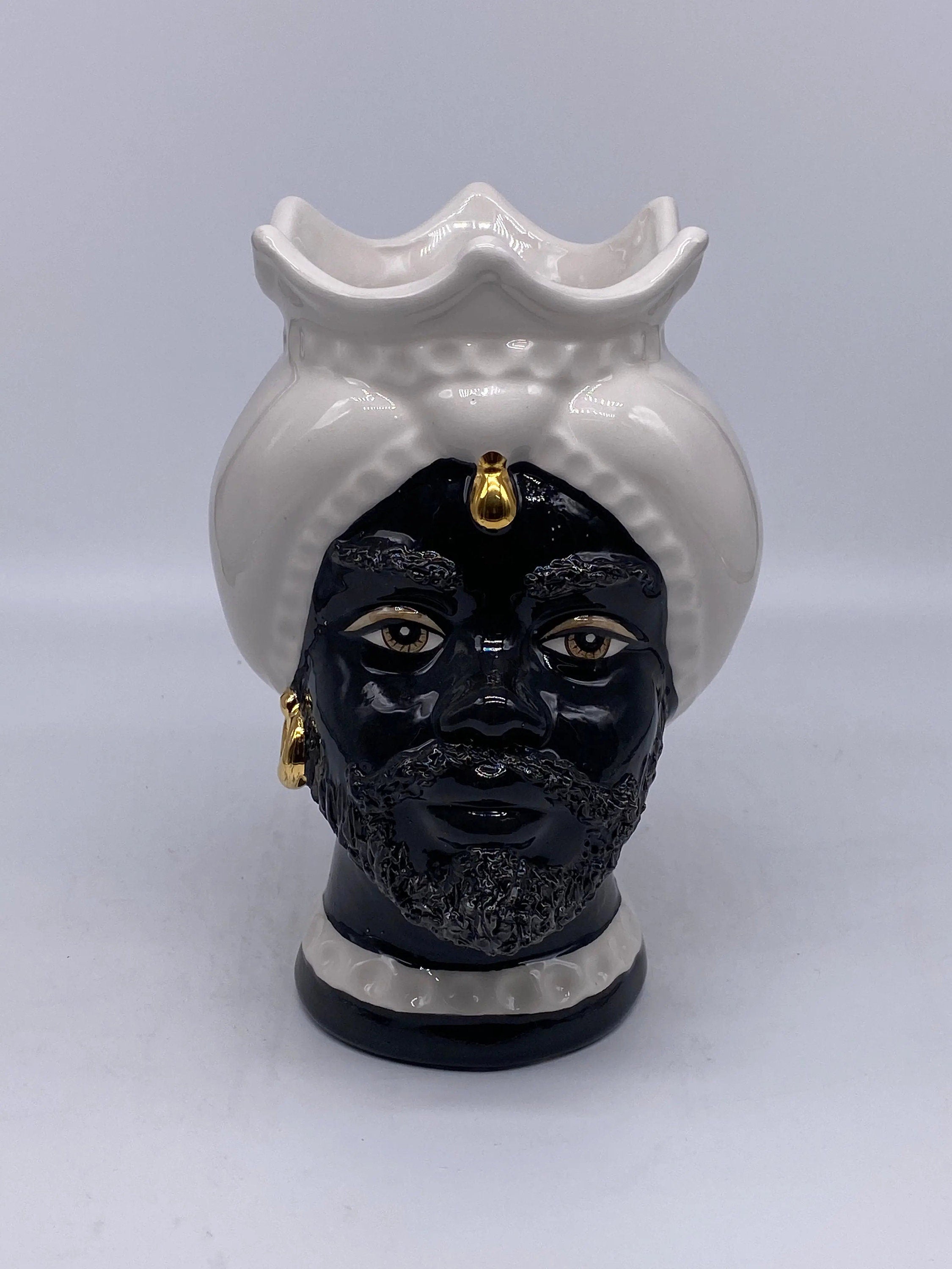 Teste di Moro Luis Ceramica Caltagirone cm H.22 L.15 Artigianale Turbante Liscio Bianco Nero Oro DD CERAMICHE SICILIANE
