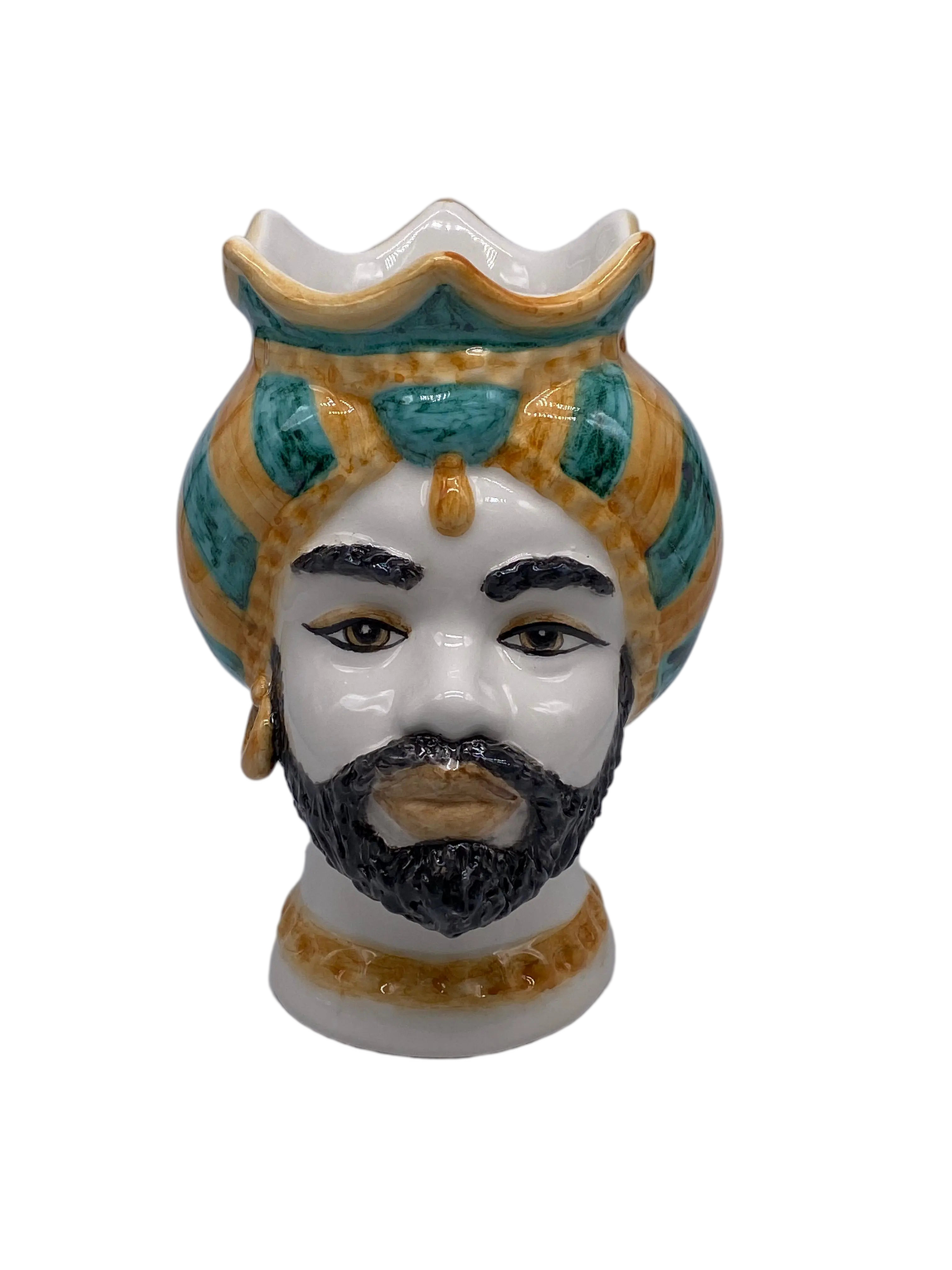 Teste di Moro Luis Ceramica Caltagirone cm H.22 L.15 Artigianale Turbante Liscio Ocra Verde DD CERAMICHE SICILIANE