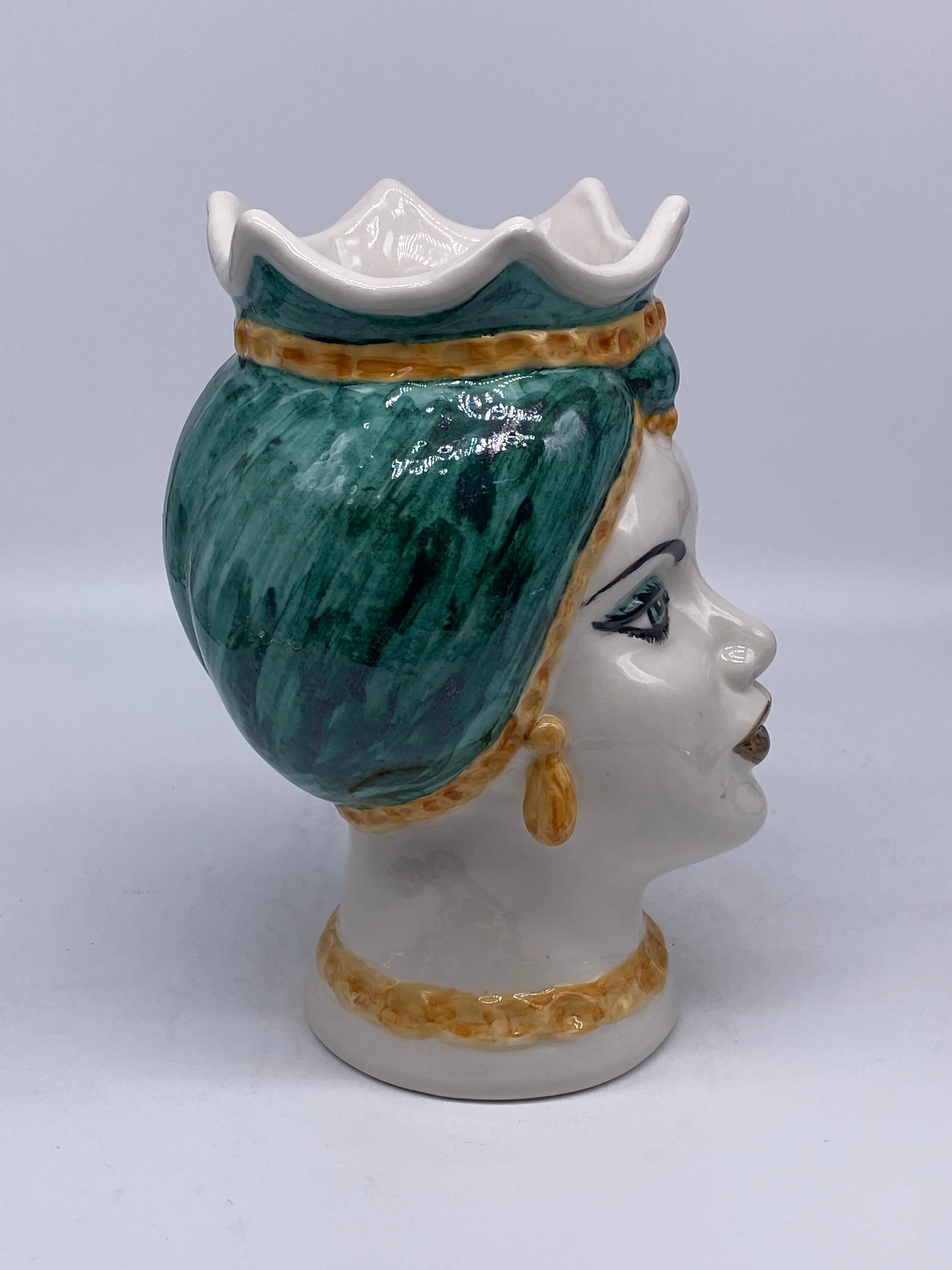 Teste di Moro Luis Ceramica Caltagirone cm H.22 L.15 Artigianale Turbante Liscio Verde Ocra DD CERAMICHE SICILIANE