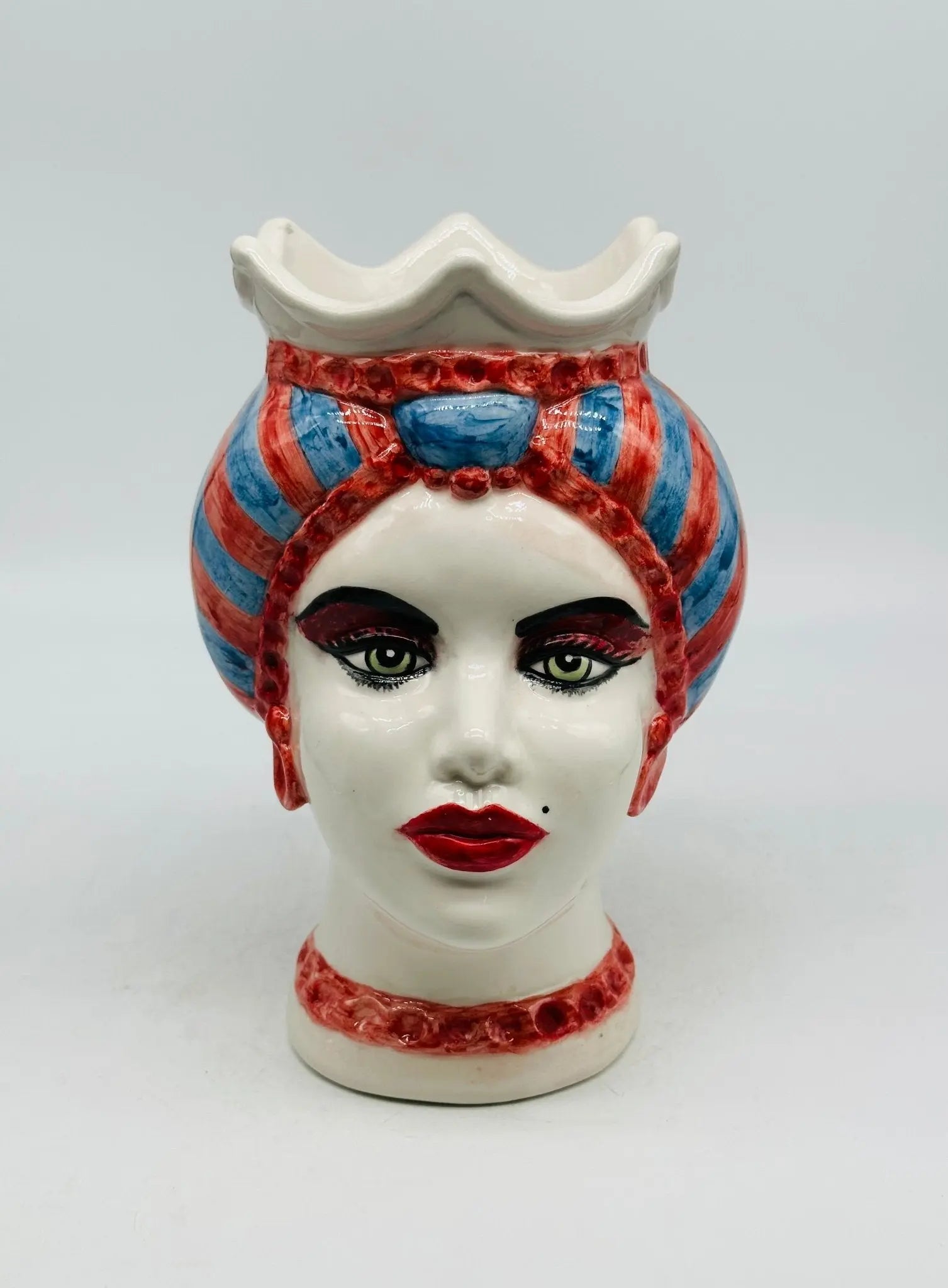 Teste di Moro Luis Ceramica Caltagirone cm H.22 L.15 Artigianale Turbante Striscie Rosso Blu - Donna - TESTA DI MORO
