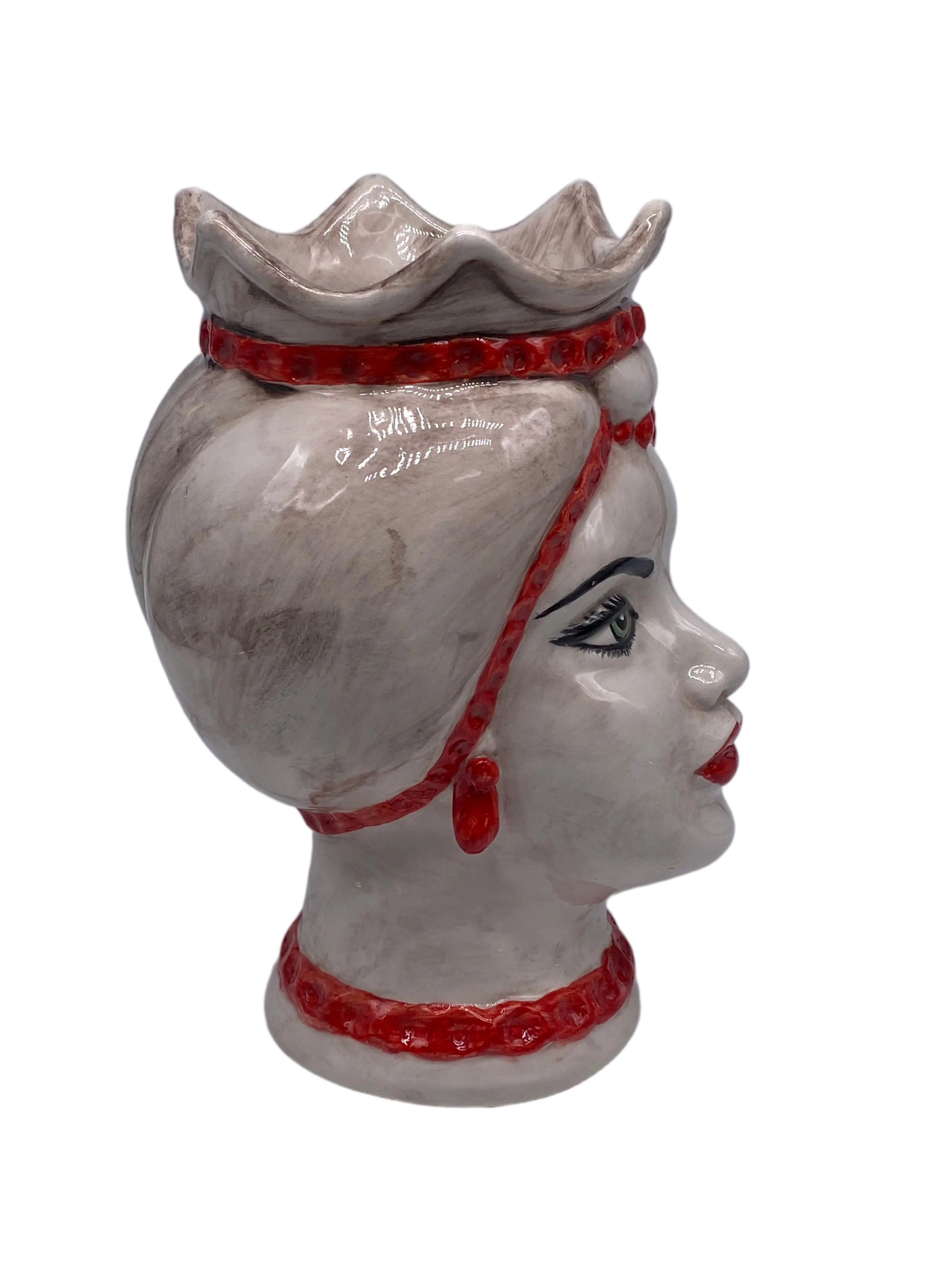 Teste di Moro Luis Ceramica Caltagirone cm H.22 L.15 Artigianale Turbante Liscio Écru Rosso DD CERAMICHE SICILIANE