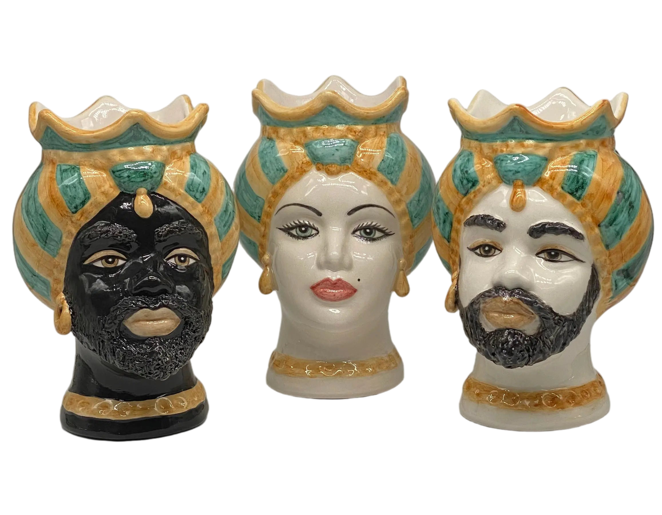 Teste di Moro Luis Ceramica Caltagirone cm H.22 L.15 Artigianale Turbante Liscio Ocra Verde DD CERAMICHE SICILIANE