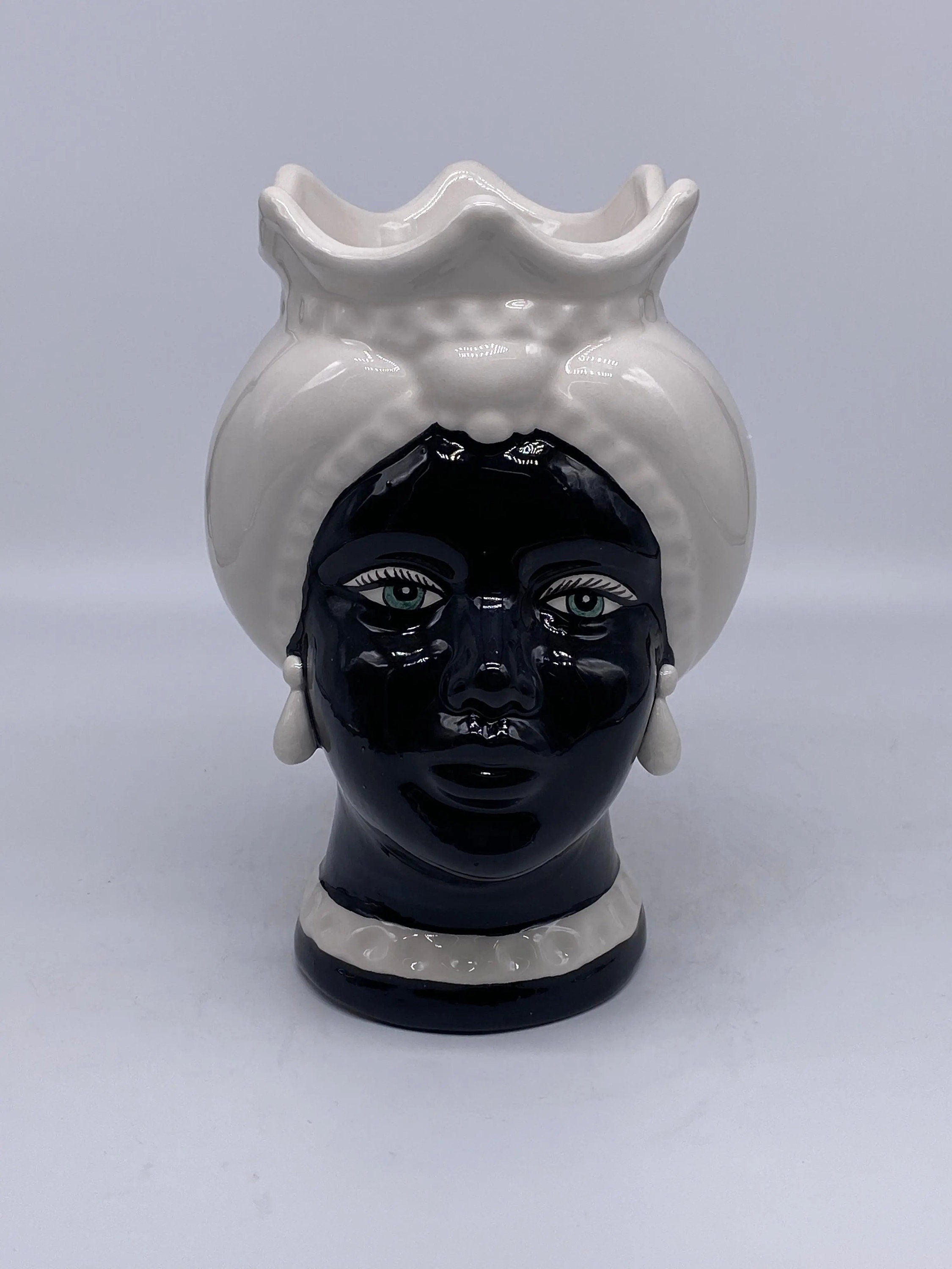 Teste di Moro Luis Ceramica Caltagirone cm H.22 L.15 Artigianale Turbante Liscio Bianco Nero DD CERAMICHE SICILIANE