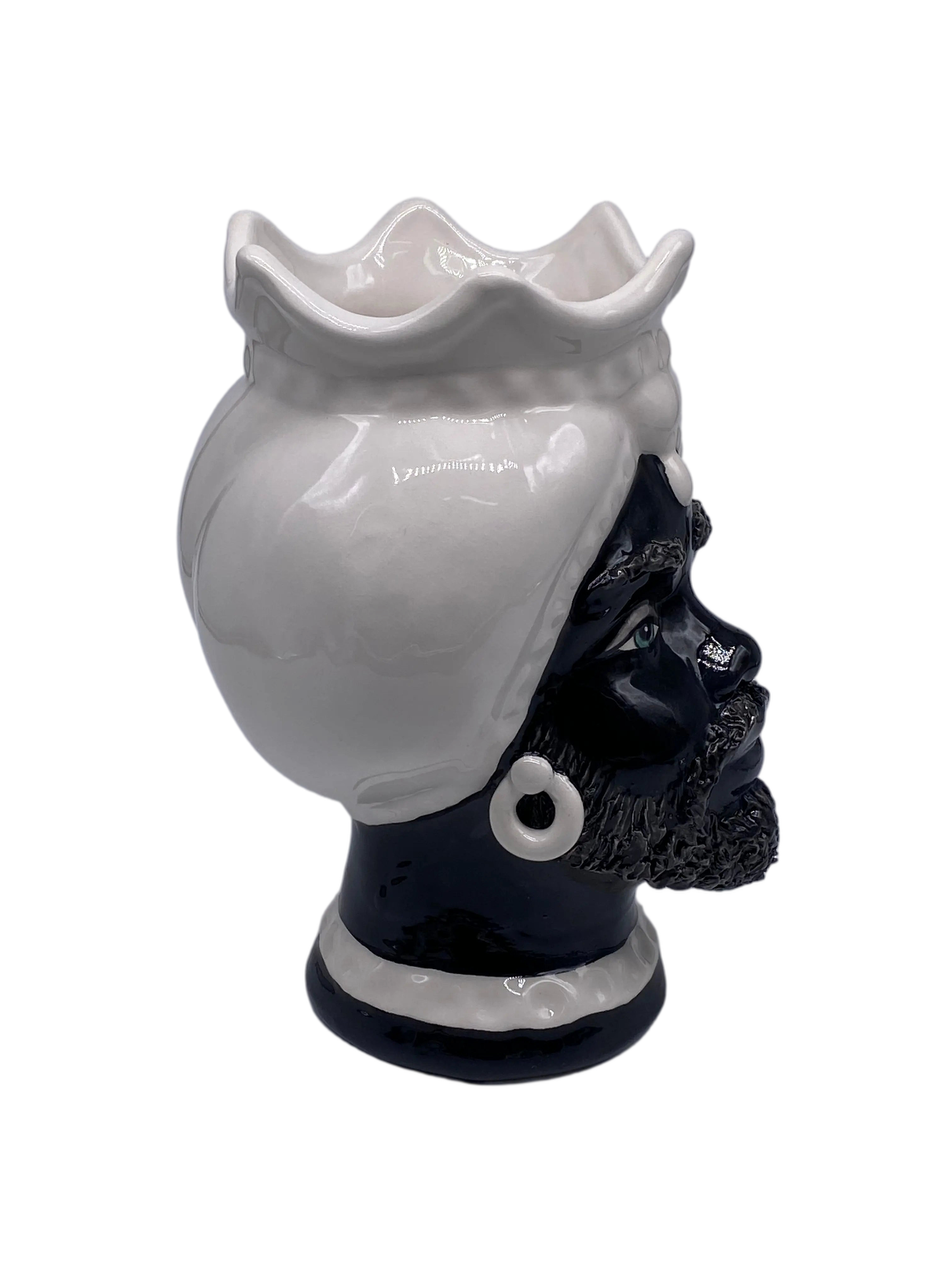 Teste di Moro Luis Ceramica Caltagirone cm H.22 L.15 Artigianale Turbante Liscio Bianco Nero DD CERAMICHE SICILIANE