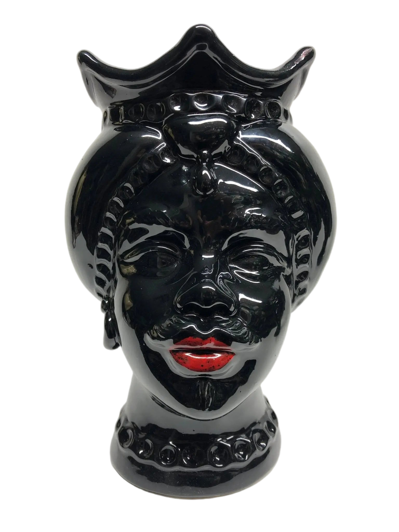 Teste di Moro Luis Ceramica Caltagirone cm H.22 L.15 Artigianale Turbante Liscio Nero Lucido - DD CERAMICHE SICILIANE