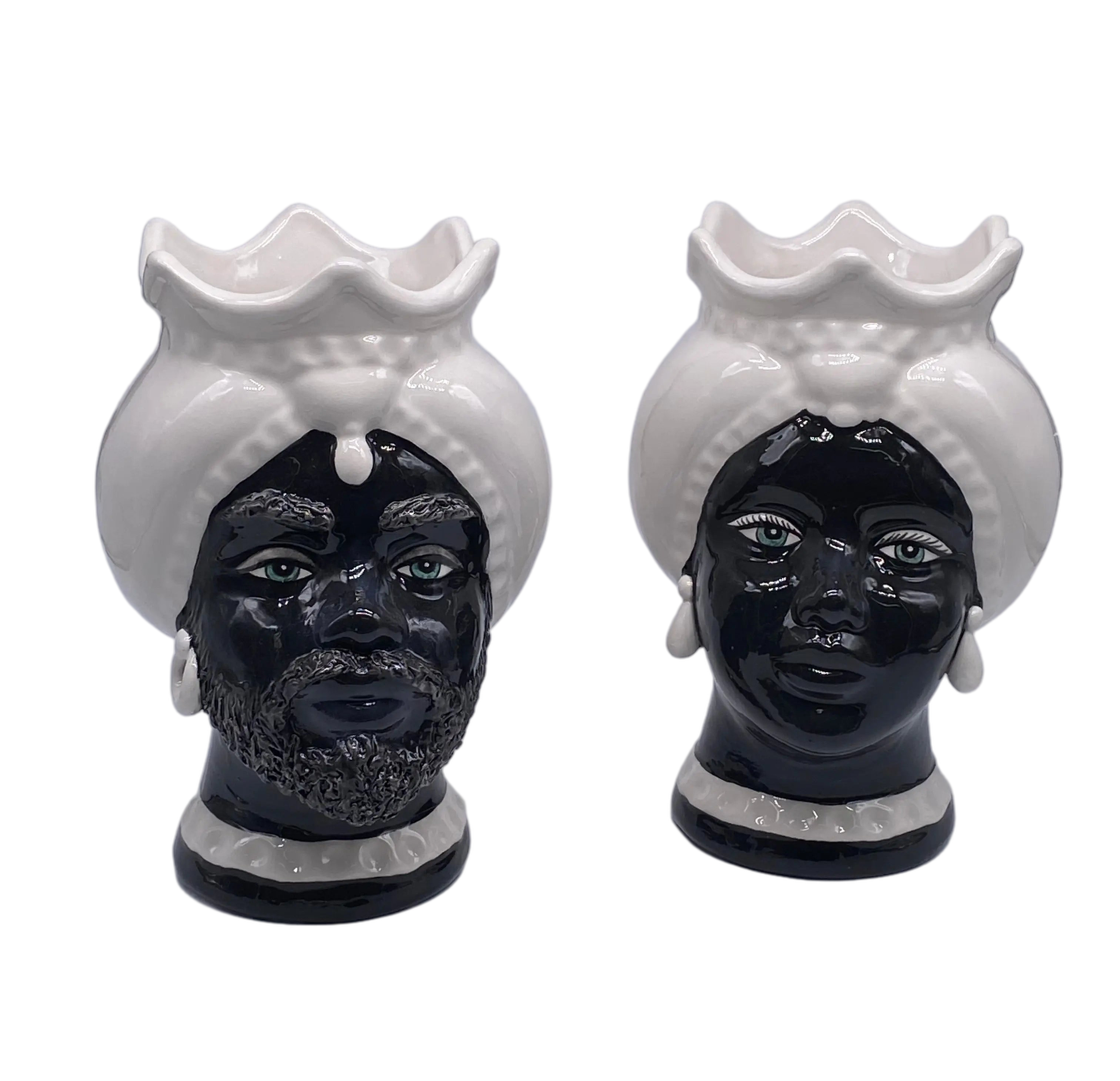 Teste di Moro Luis Ceramica Caltagirone cm H.22 L.15 Artigianale Turbante Liscio Bianco Nero DD CERAMICHE SICILIANE