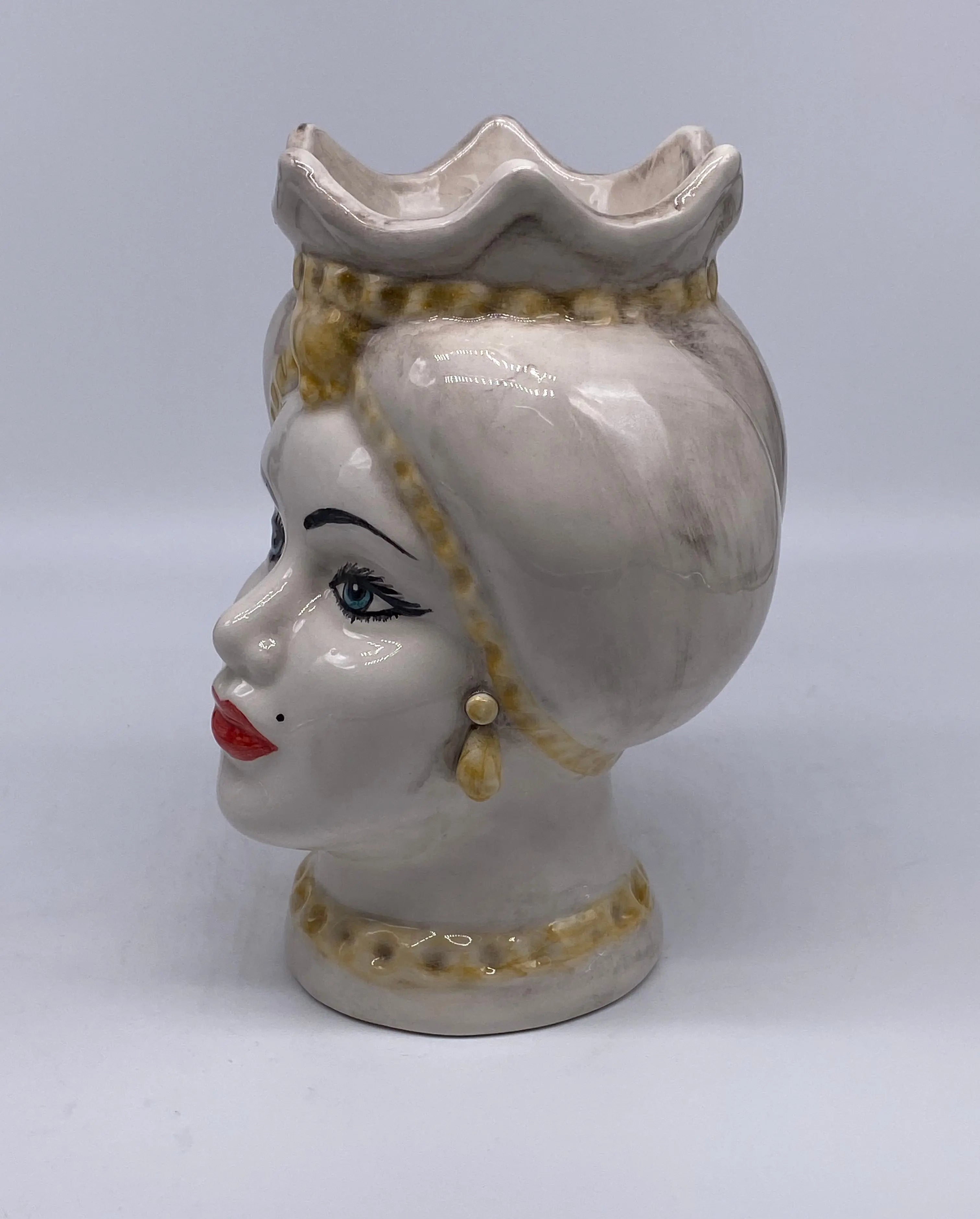 Teste di Moro Luis Ceramica Caltagirone cm H.22 L.15 Artigianale Turbante Liscio Écru Giallo DD CERAMICHE SICILIANE