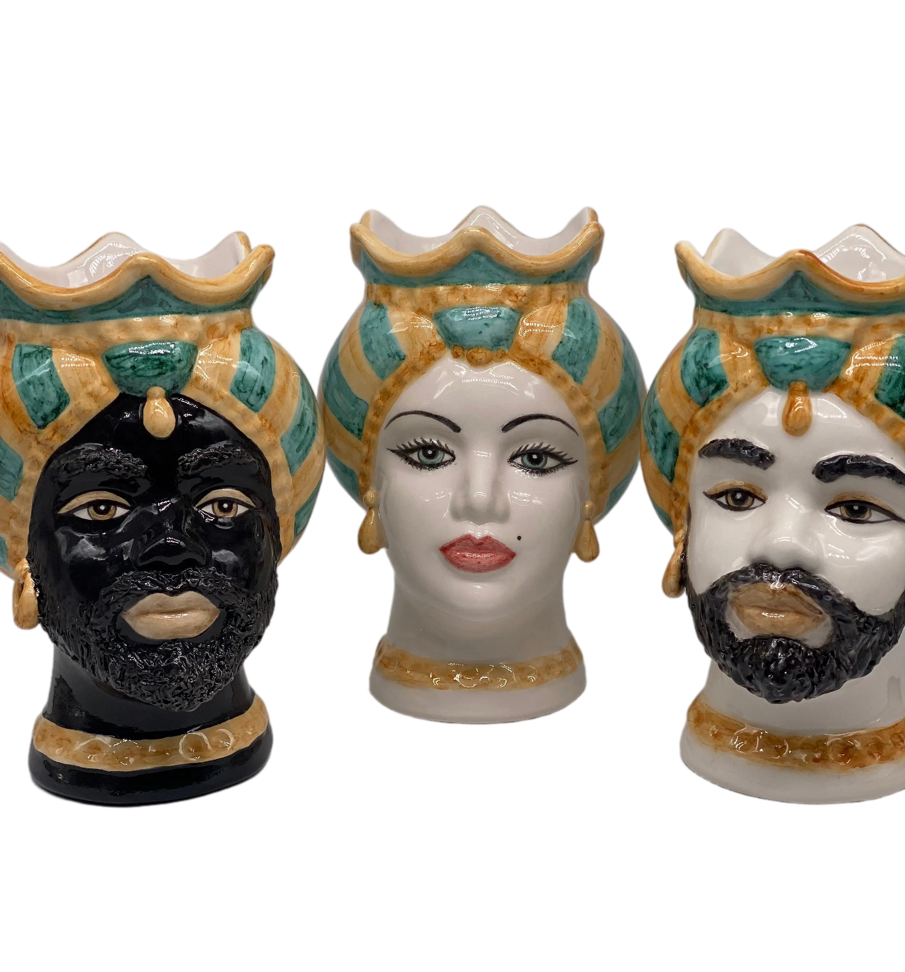 Teste di Moro Luis Ceramica Caltagirone cm H.22 L.15 Artigianale Turbante Liscio Ocra Verde DD CERAMICHE SICILIANE