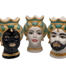 Teste di Moro Luis Ceramica Caltagirone cm H.22 L.15 Artigianale Turbante Liscio Ocra Verde DD CERAMICHE SICILIANE
