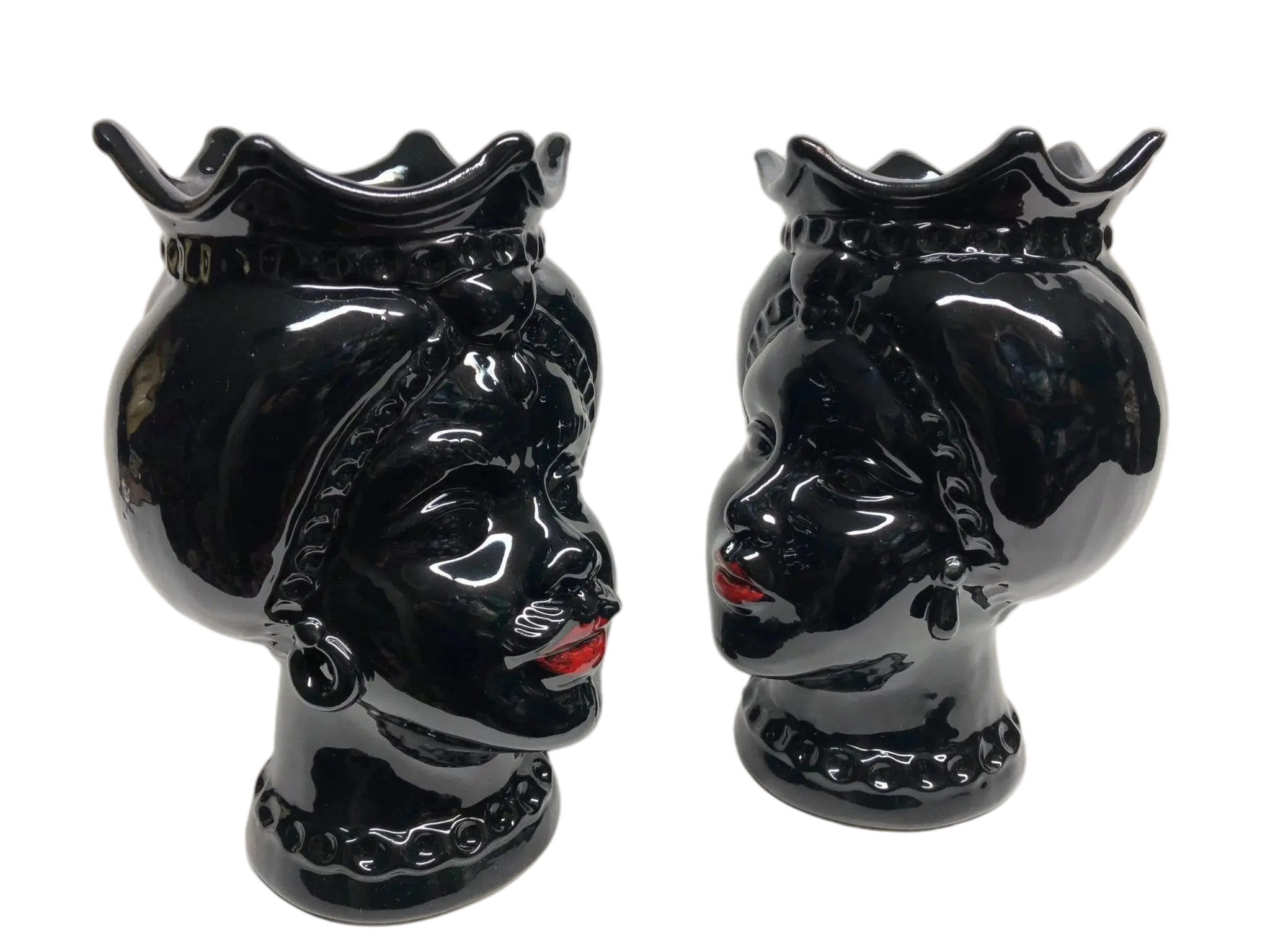 Teste di Moro Luis Ceramica Caltagirone cm H.22 L.15 Artigianale Turbante Liscio Nero Lucido - DD CERAMICHE SICILIANE