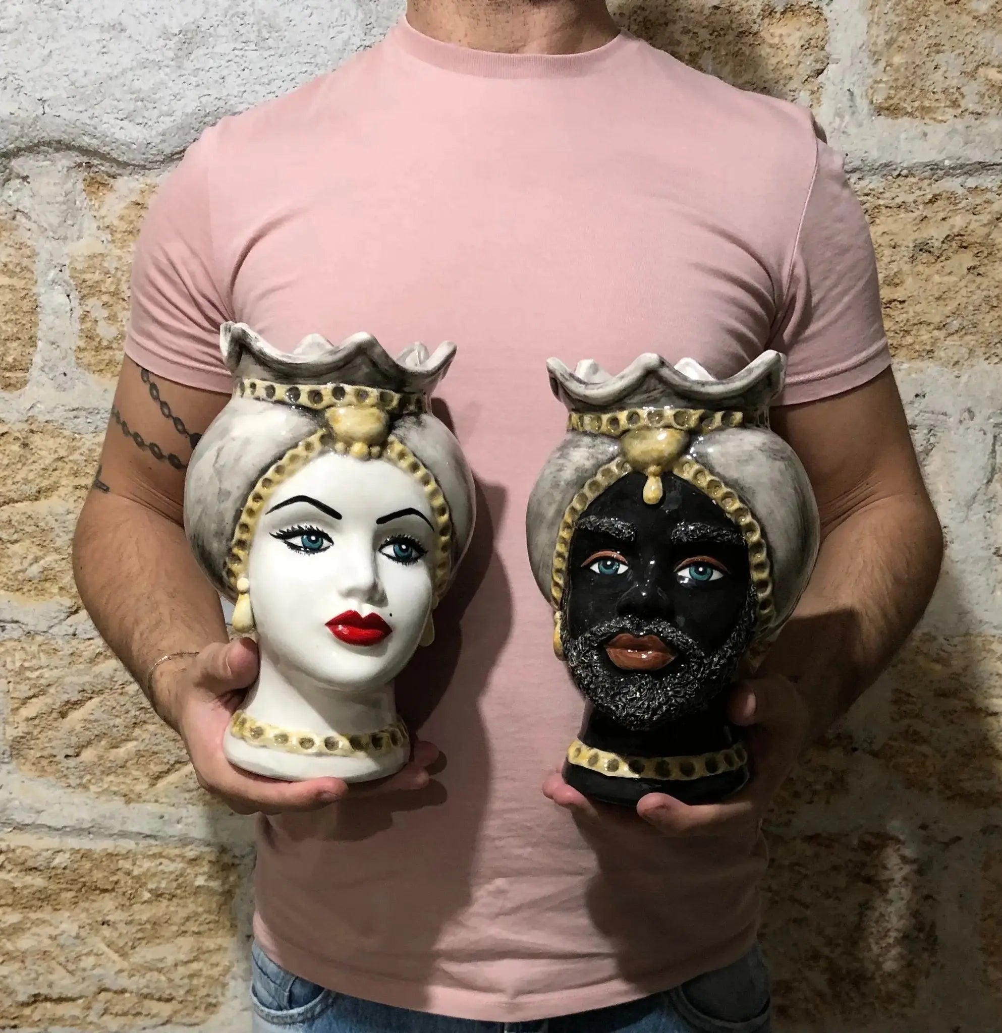 Teste di Moro Luis Ceramica Caltagirone cm H.22 L.15 Artigianale Turbante Liscio Écru Giallo - DD CERAMICHE SICILIANE