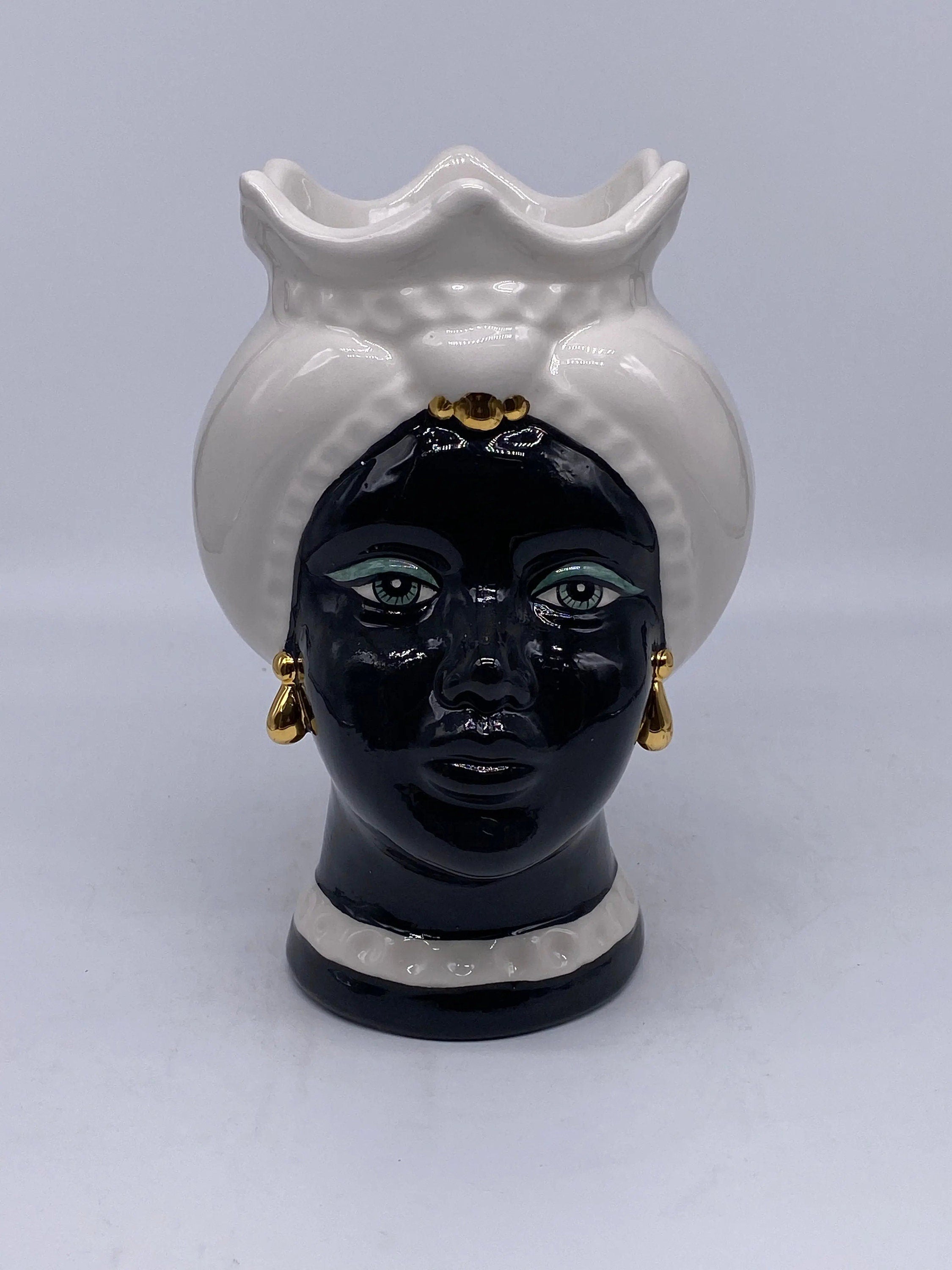 Teste di Moro Luis Ceramica Caltagirone cm H.22 L.15 Artigianale Turbante Liscio Bianco Nero Oro DD CERAMICHE SICILIANE