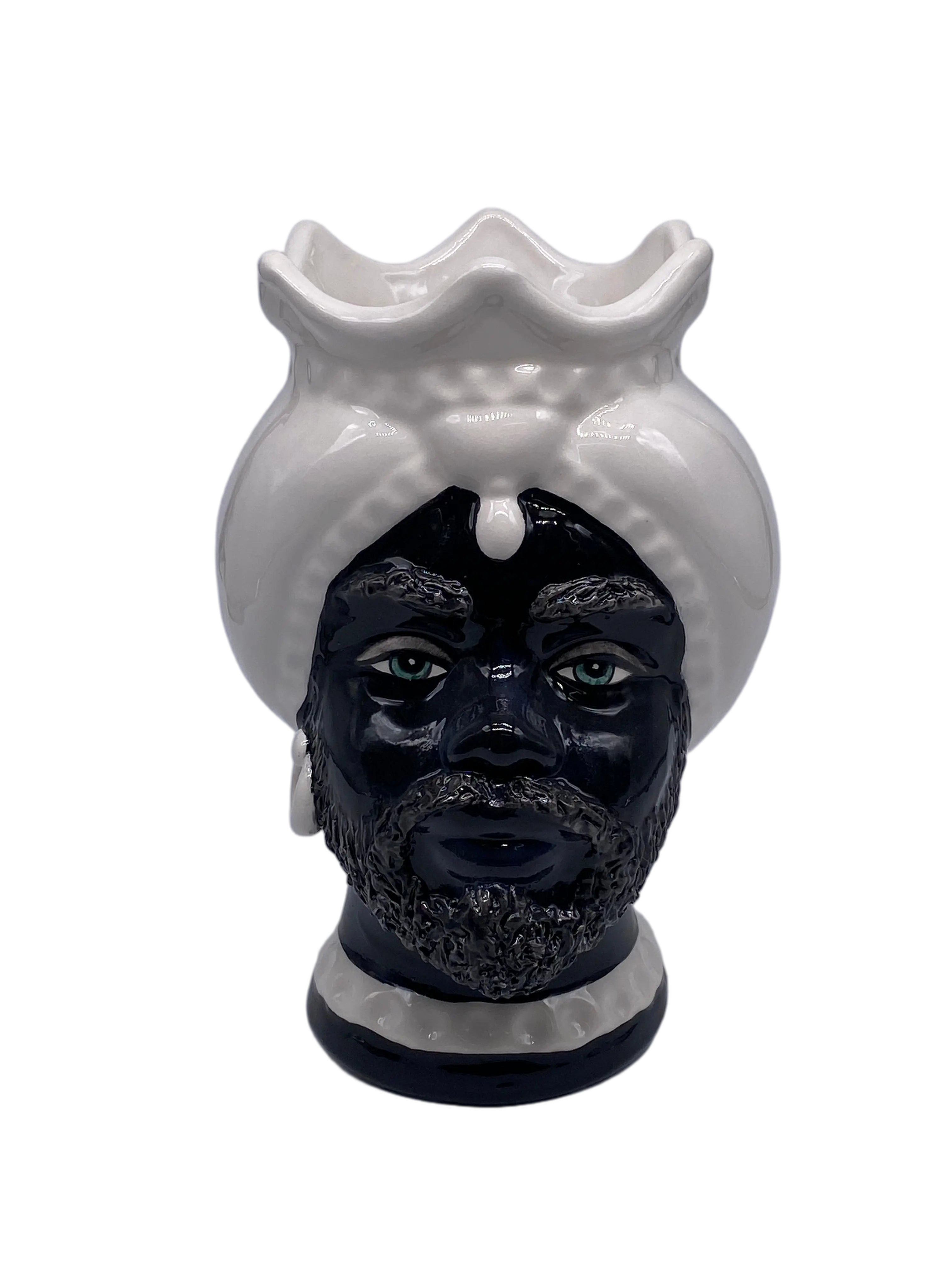 Teste di Moro Luis Ceramica Caltagirone cm H.22 L.15 Artigianale Turbante Liscio Bianco Nero DD CERAMICHE SICILIANE