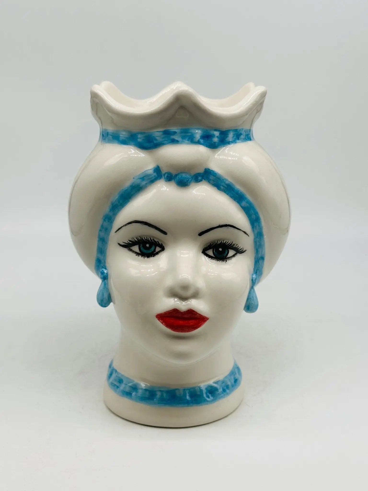 Teste di Moro Luis Ceramica Caltagirone cm H.22 L.15 Artigianale Turbante Liscio Bianco Celeste - Donna - TESTA DI MORO