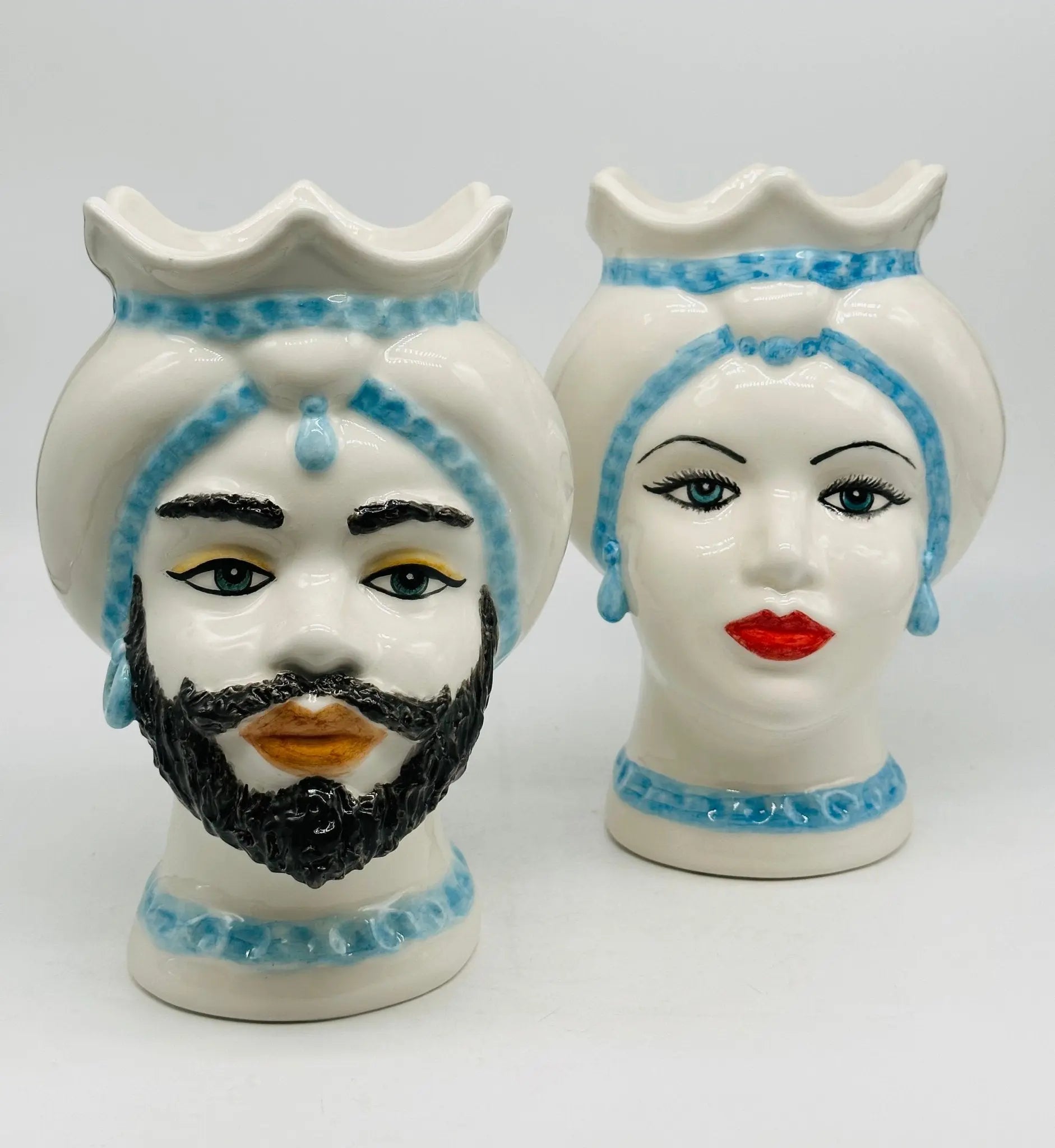 Teste di Moro Luis Ceramica Caltagirone cm H.22 L.15 Artigianale Turbante Liscio Bianco Celeste - TESTA DI MORO