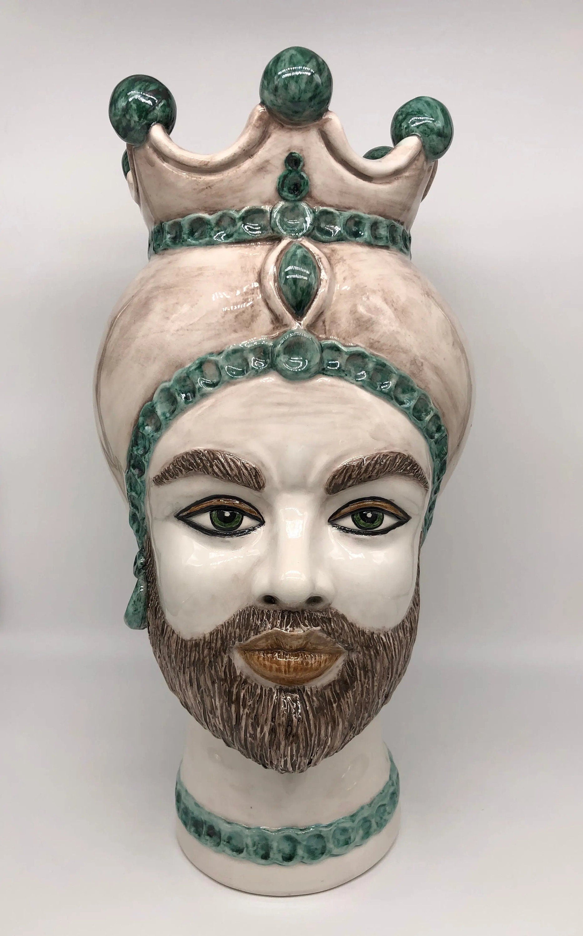 Teste di Moro Luis Ceramica Caltagirone cm H.44 L.23 Artigianale Turbante Liscio Écru Verde DD CERAMICHE SICILIANE