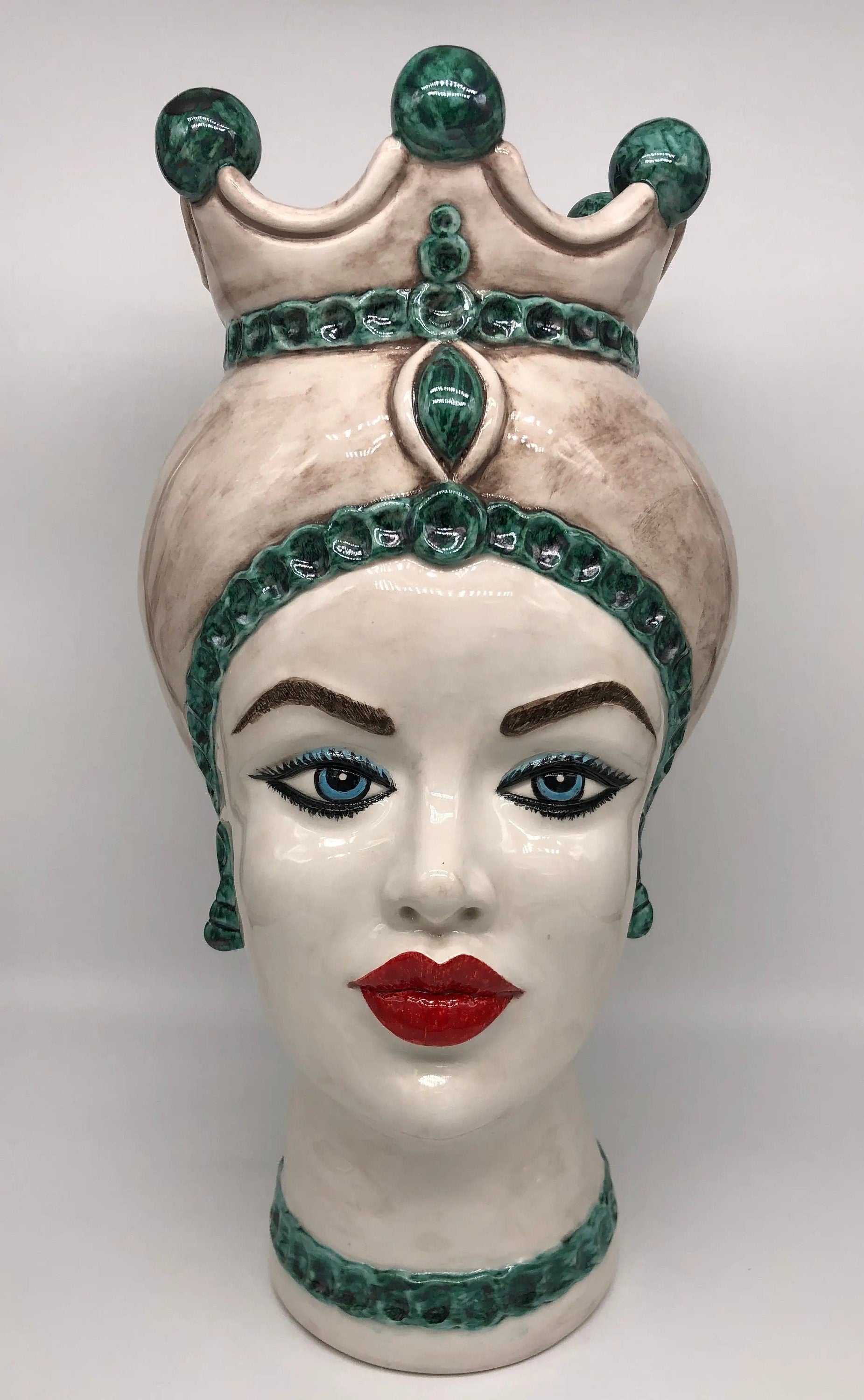 Teste di Moro Luis Ceramica Caltagirone cm H.44 L.23 Artigianale Turbante Liscio Écru Verde DD CERAMICHE SICILIANE