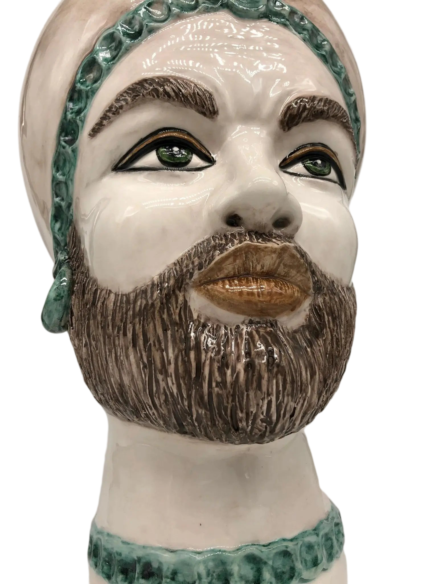 Teste di Moro Luis Ceramica Caltagirone cm H.44 L.23 Artigianale Turbante Liscio Écru Verde - DD CERAMICHE SICILIANE