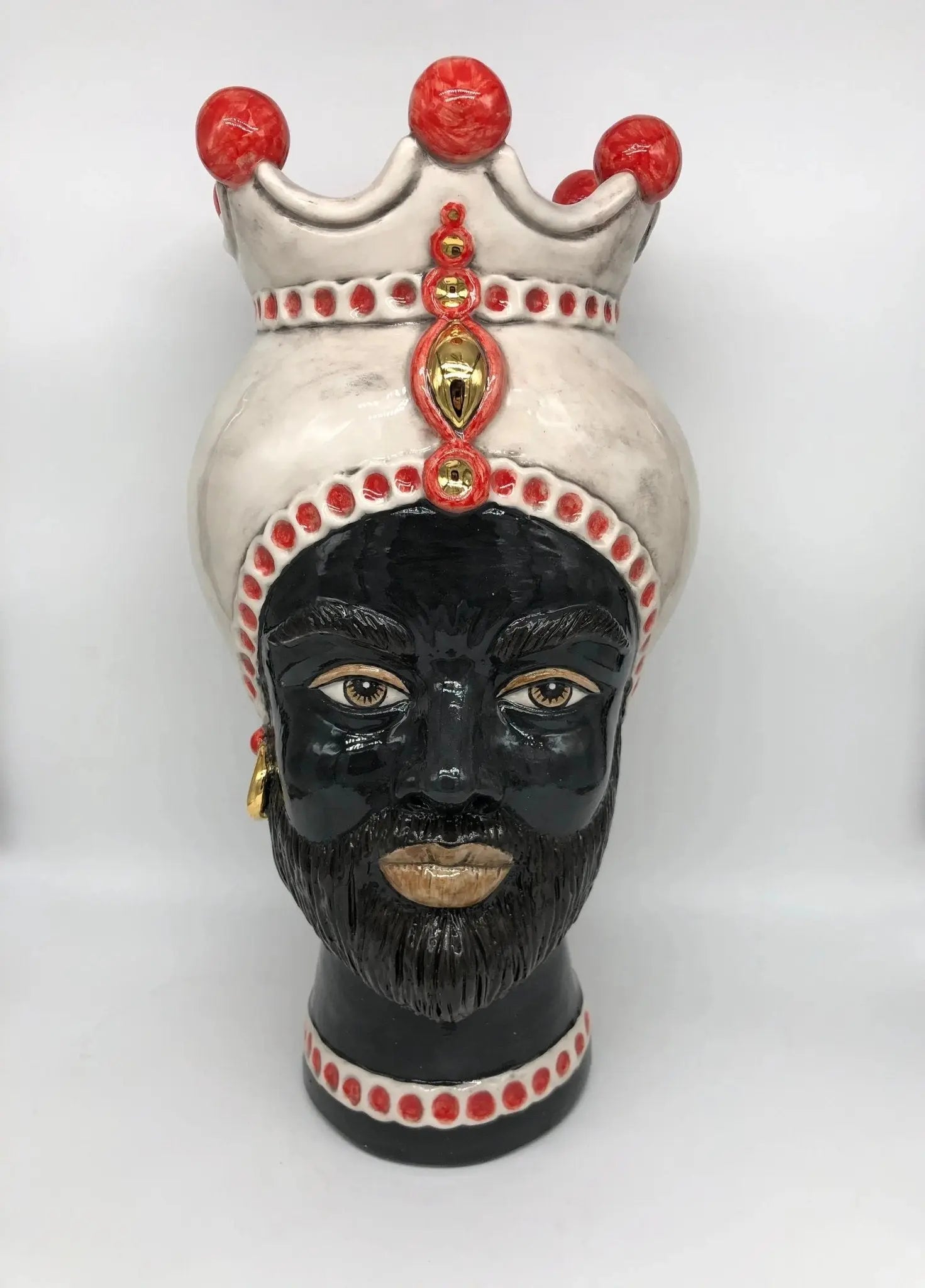 Teste di Moro Luis Ceramica Caltagirone cm H.44 L.23 Artigianale Turbante Liscio Écru Rosso Oro - DD CERAMICHE SICILIANE