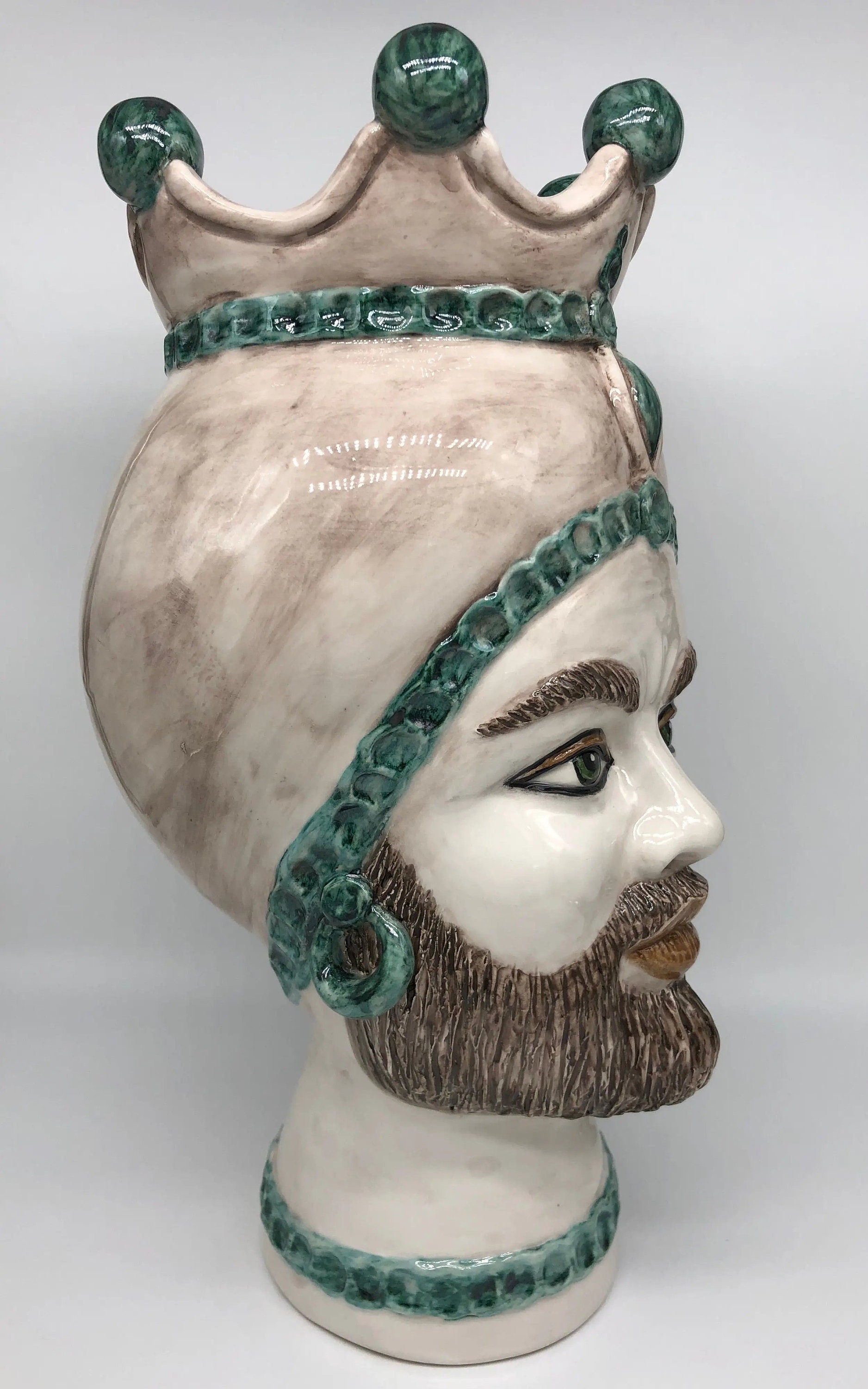 Teste di Moro Luis Ceramica Caltagirone cm H.44 L.23 Artigianale Turbante Liscio Écru Verde DD CERAMICHE SICILIANE