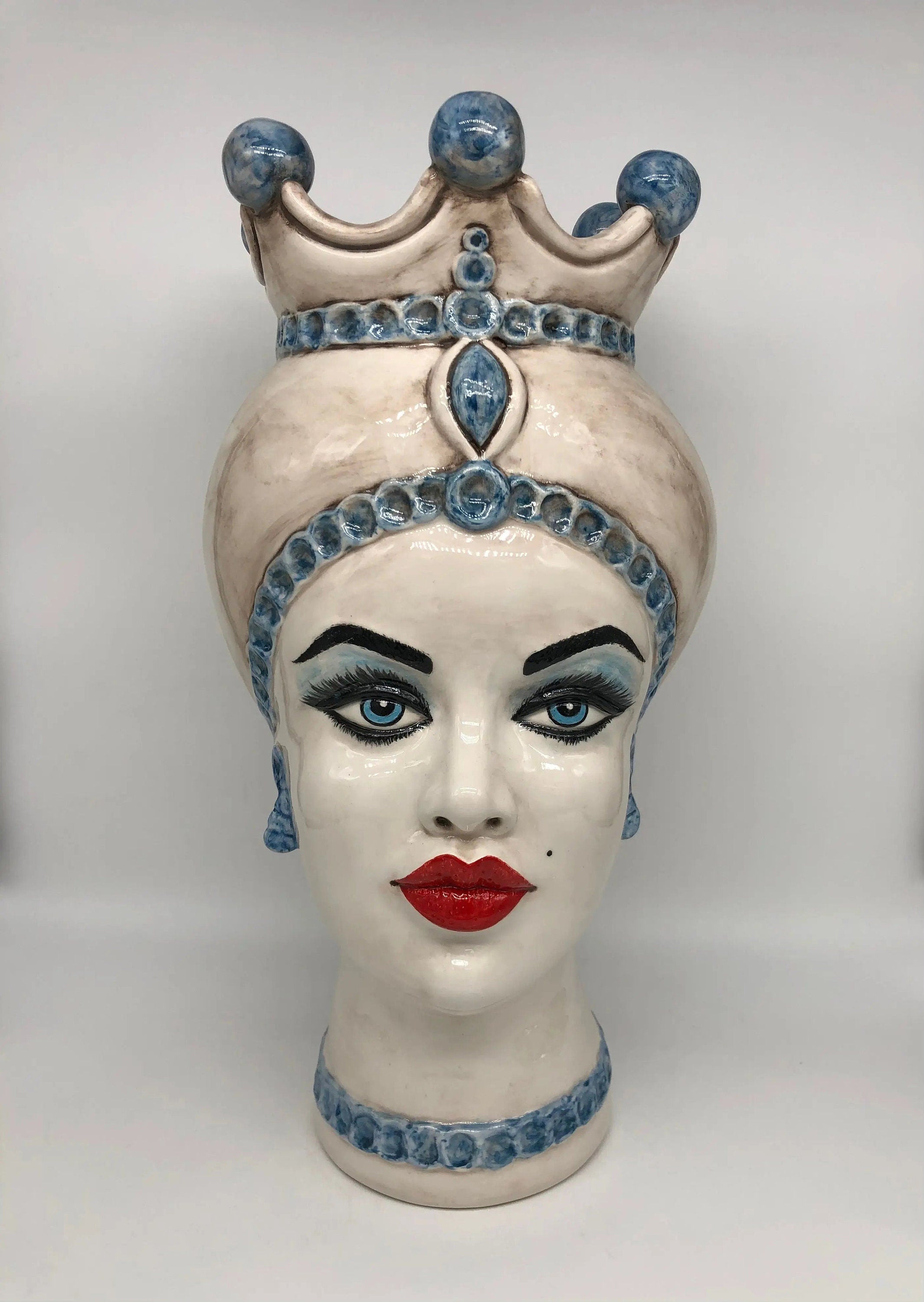 Teste di Moro Luis Ceramica Caltagirone cm H.44 L.23 Artigianale Turbante Liscio Écru Azzurro DD CERAMICHE SICILIANE