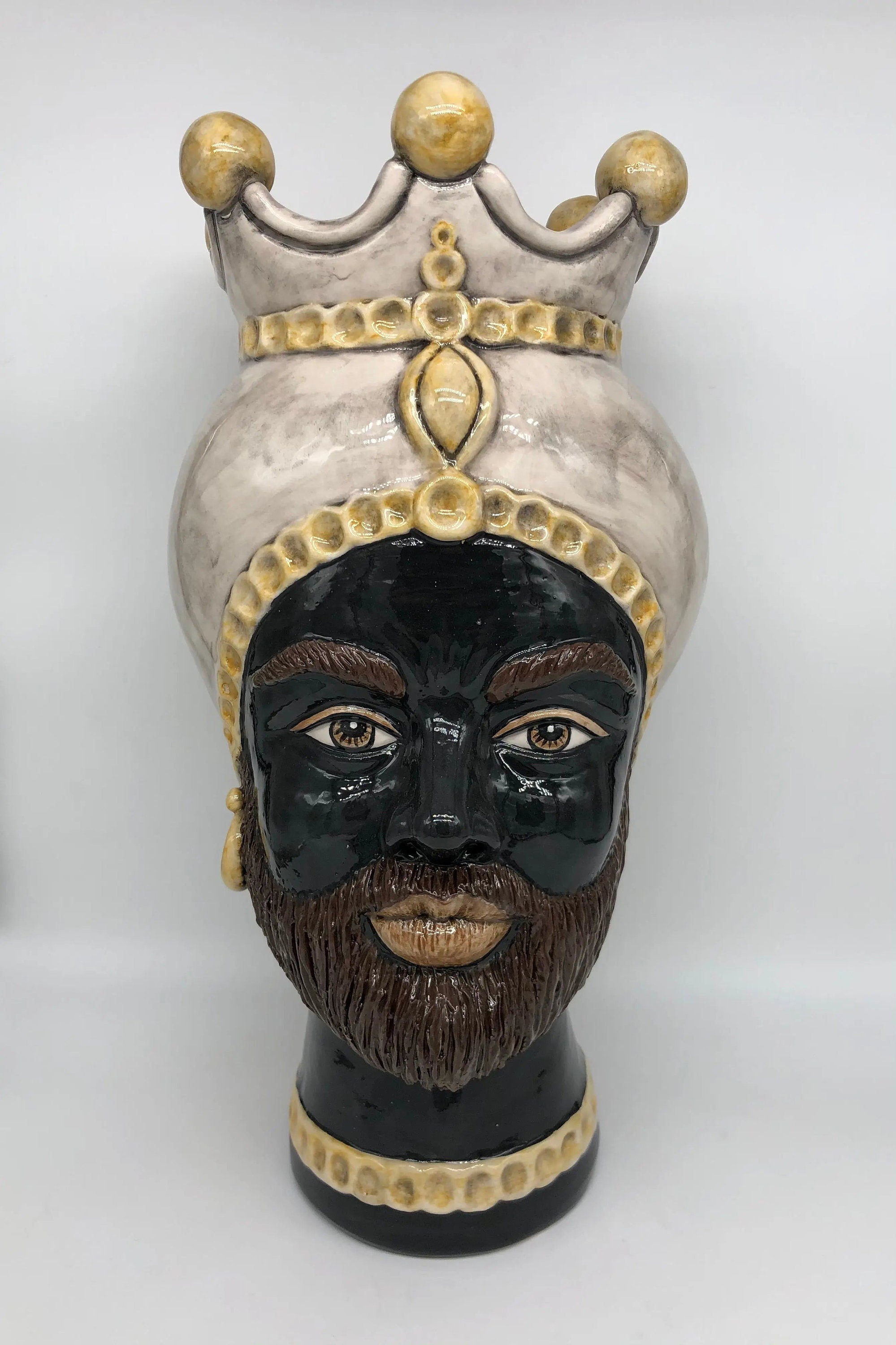 Teste di Moro Luis Ceramica Caltagirone cm H.44 L.23 Artigianale Turbante Liscio Écru Giallo DD CERAMICHE SICILIANE