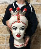 Teste di Moro Luis Ceramica Caltagirone cm H.44 L.23 Artigianale Turbante Liscio Écru Rosso Oro - DD CERAMICHE SICILIANE